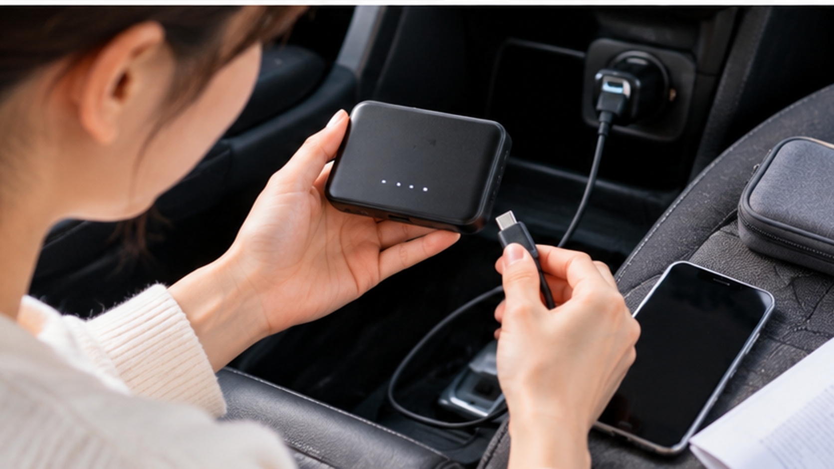 車内で小型Wi-Fiルーターの給電ケーブルとスマホを確認し、利用開始の準備をする様子