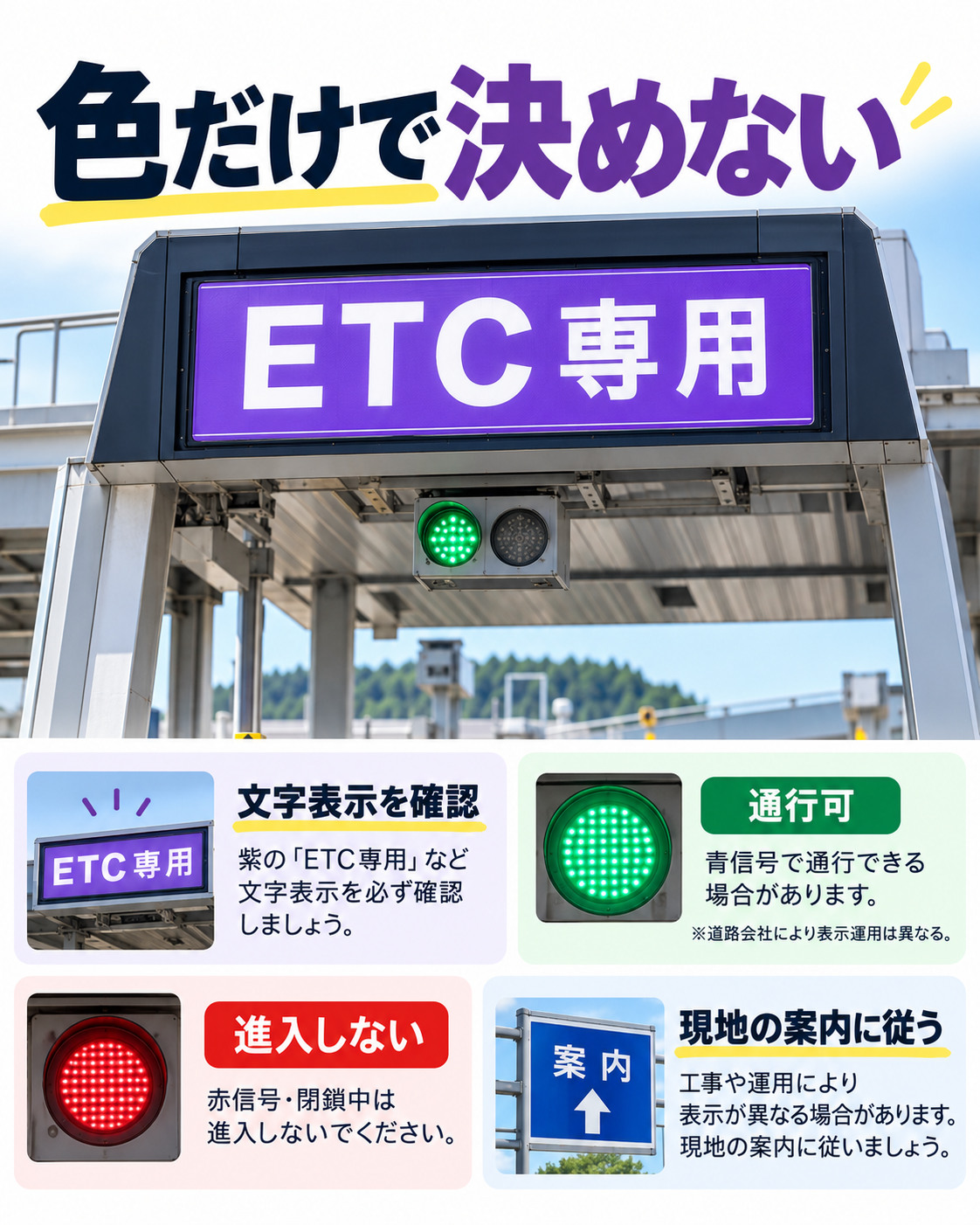 ETCレーンの色は？紫の表示・青信号・赤信号の見方