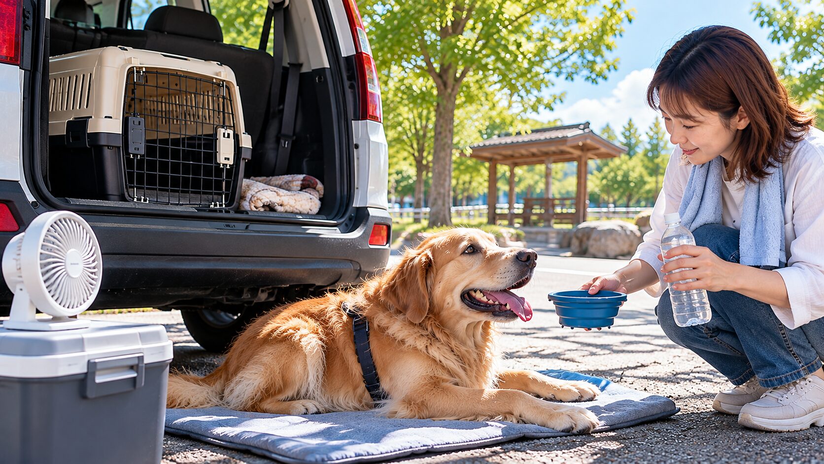 暑い日に車外の木陰で休む犬に、飼い主が水を差し出している様子