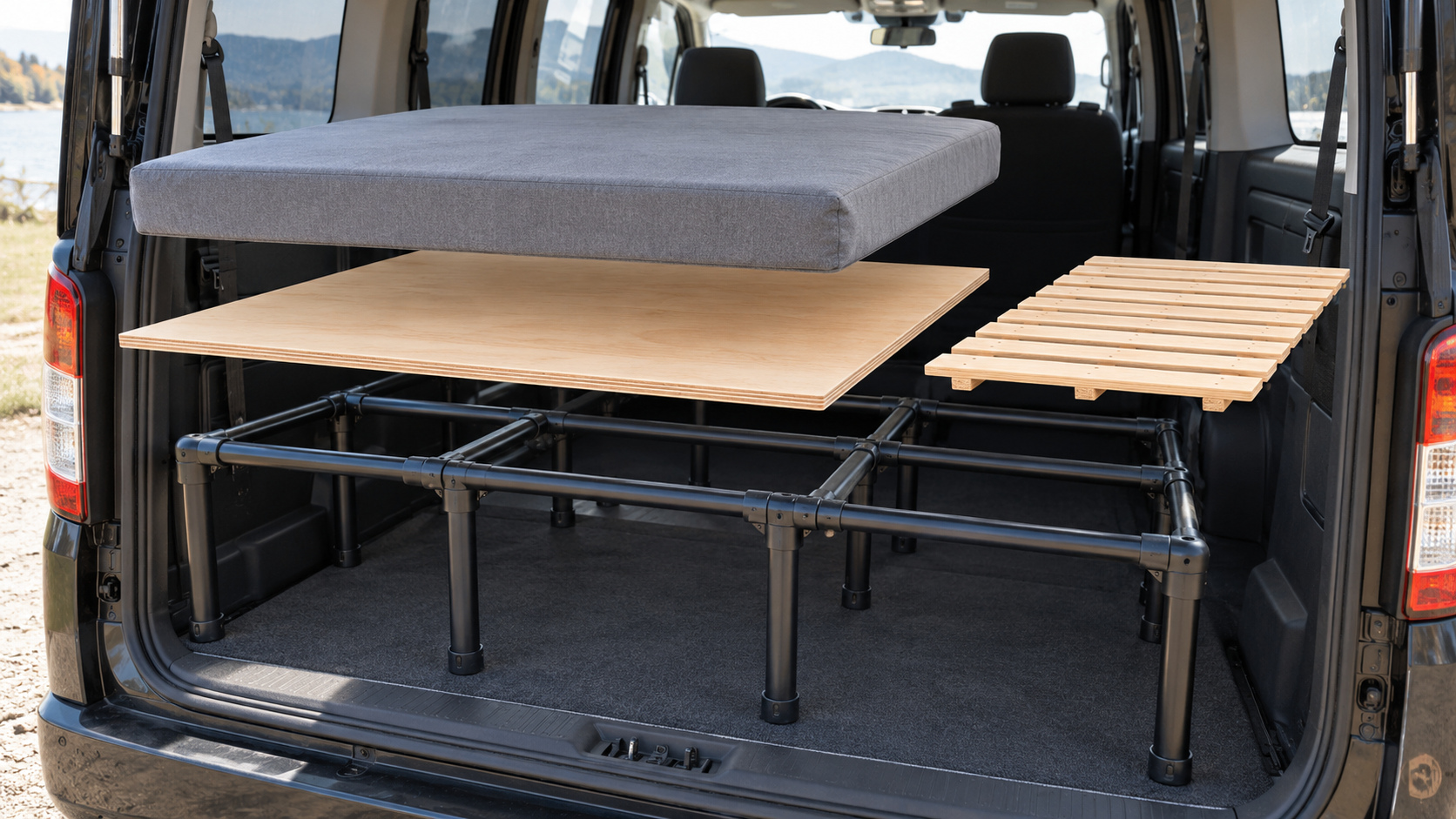 パイプフレームの上に置く木製天板とウレタンマットの位置、すのこを別の天板候補として示した分解構成