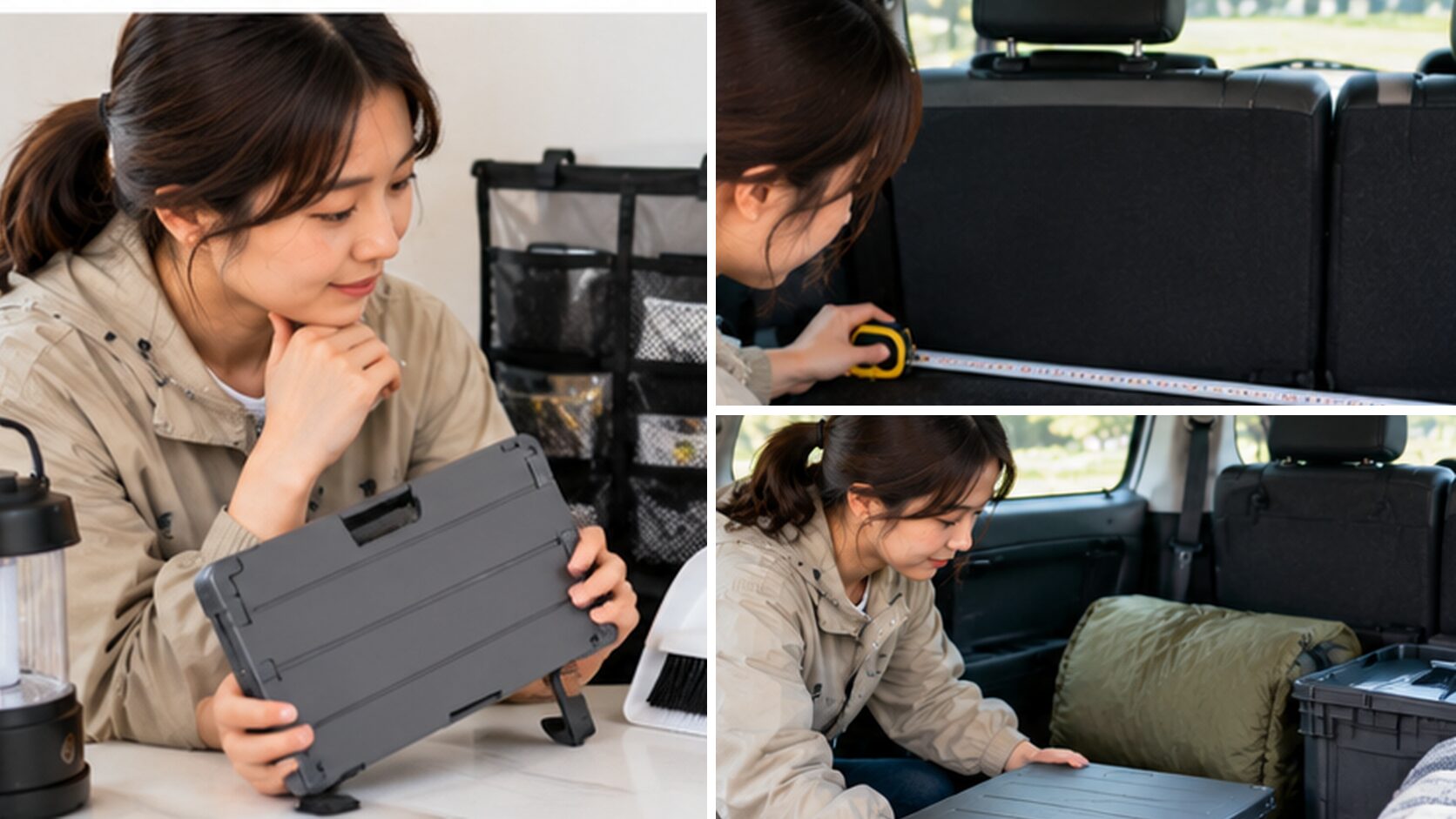 車中泊で使う用品を選び、荷室の広さを測ってから小型テーブルを試し置きする3段階の様子