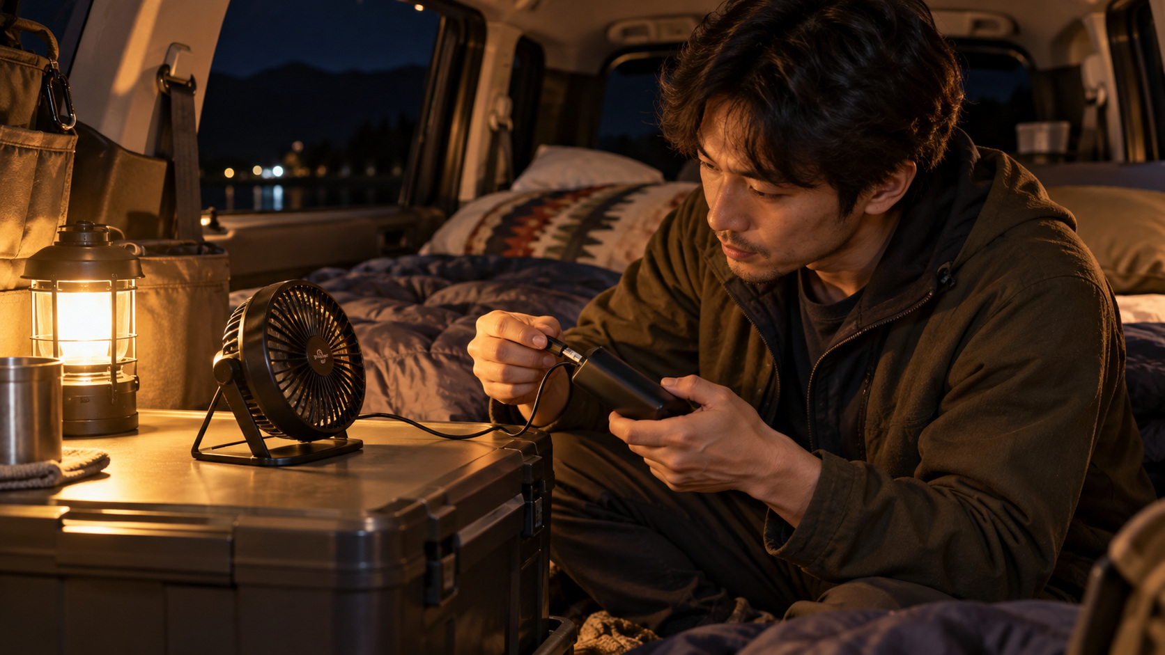 夜の車内でUSBファンの電源接続を確かめるため、ケーブルと外部バッテリーを確認している男性。