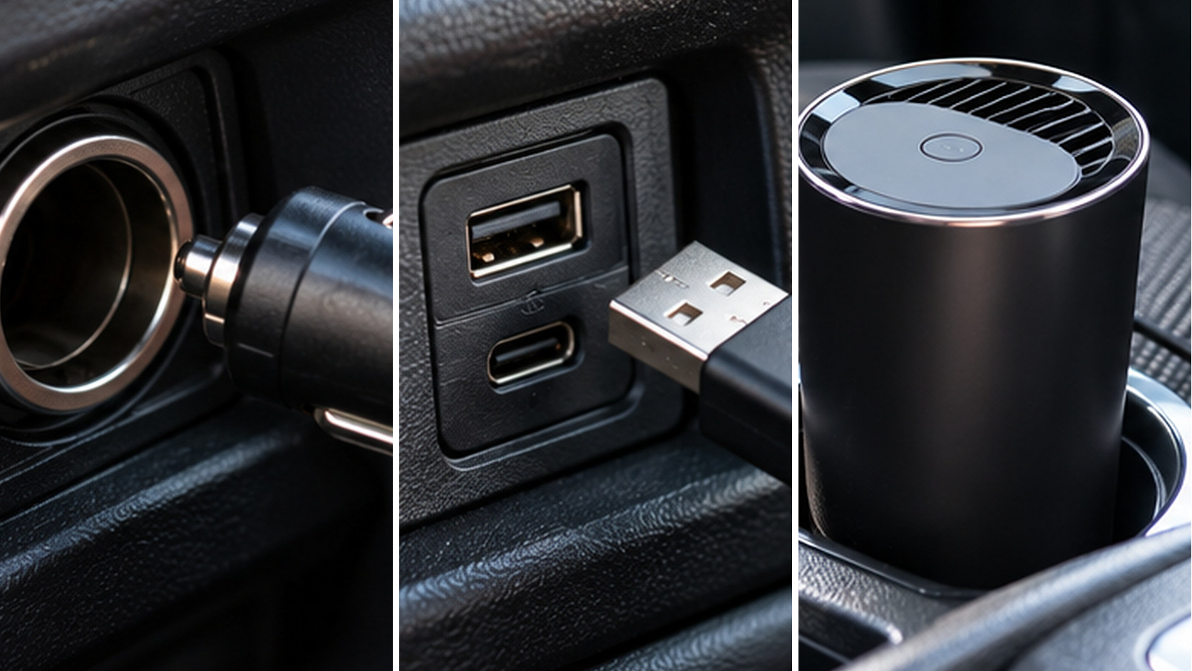 車載イオン発生機の電源と設置条件を確かめるため、12Vアクセサリーソケット、USBポート、カップホルダーを見比べた様子