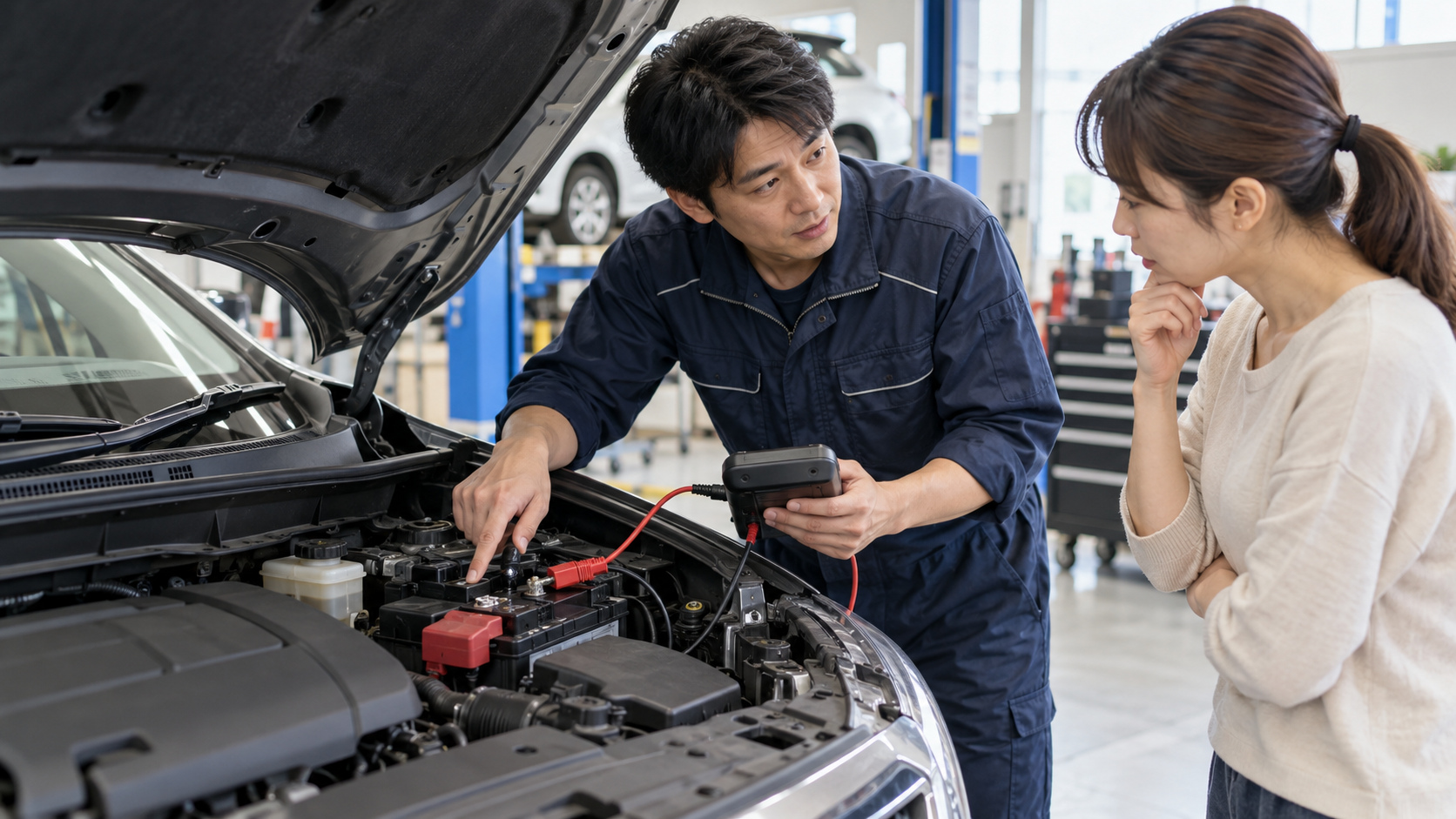 エンジン始動不良の後に、整備士が測定器を使ってバッテリーを点検し、運転者に説明している様子