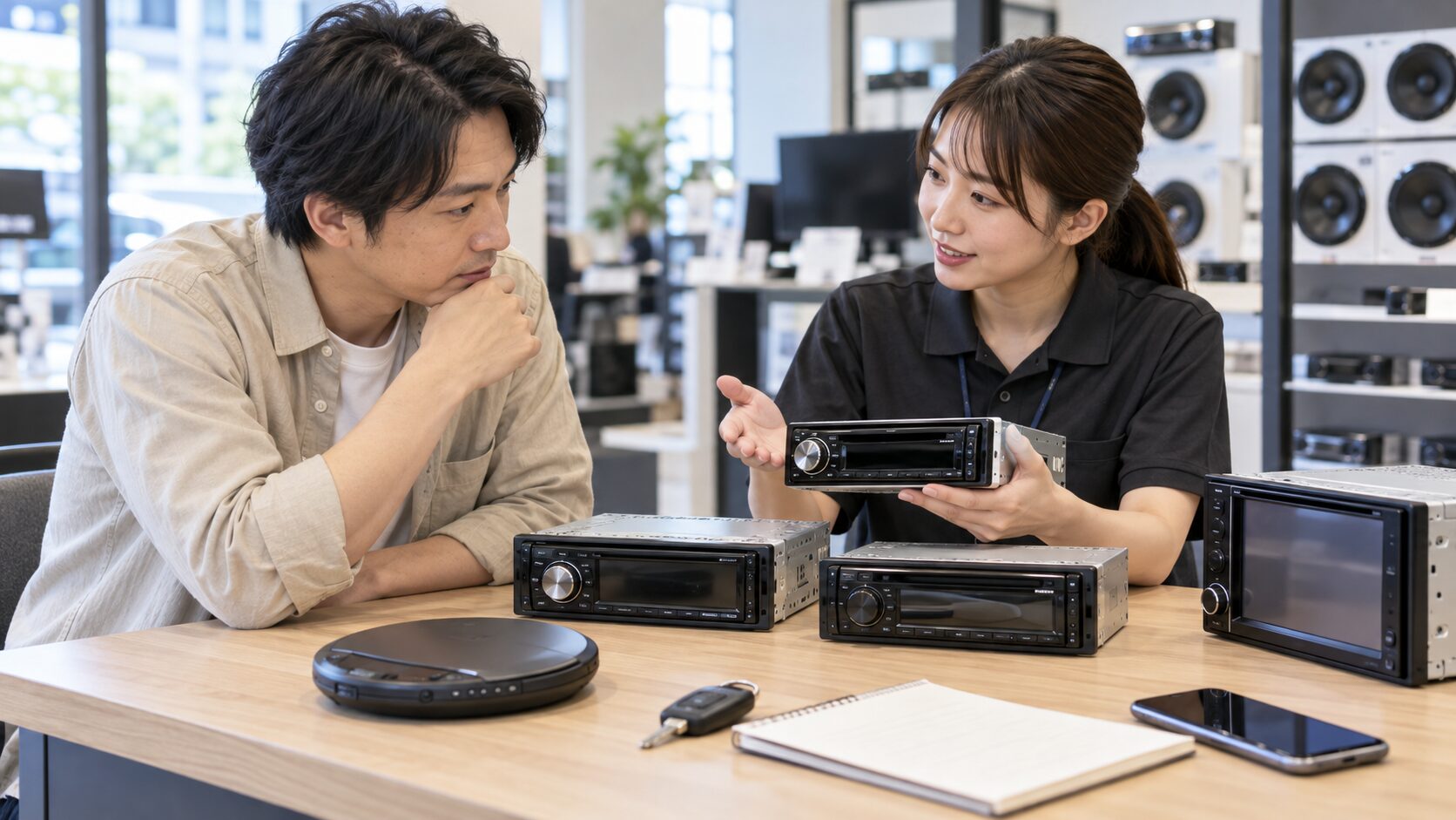 車用CDプレーヤーを選ぶため、店舗スタッフと複数のカーオーディオを見比べて相談する様子