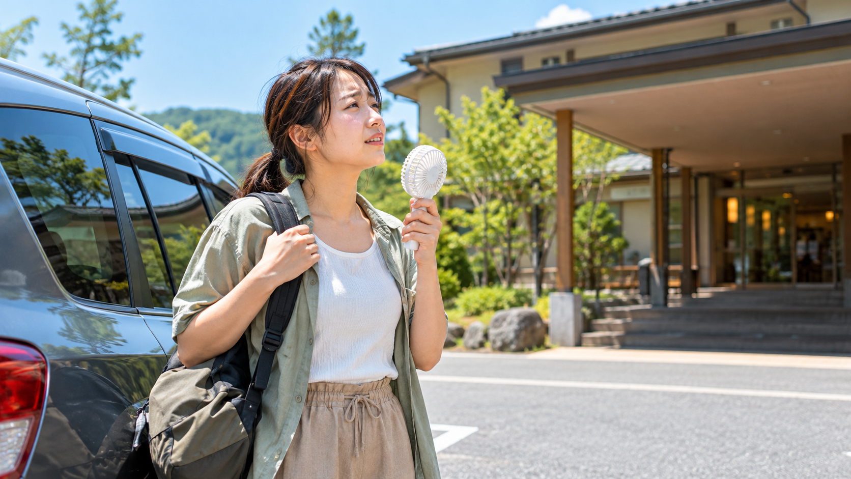 夏の暑い駐車場で車を降り、携帯扇風機を持って建物へ向かう女性