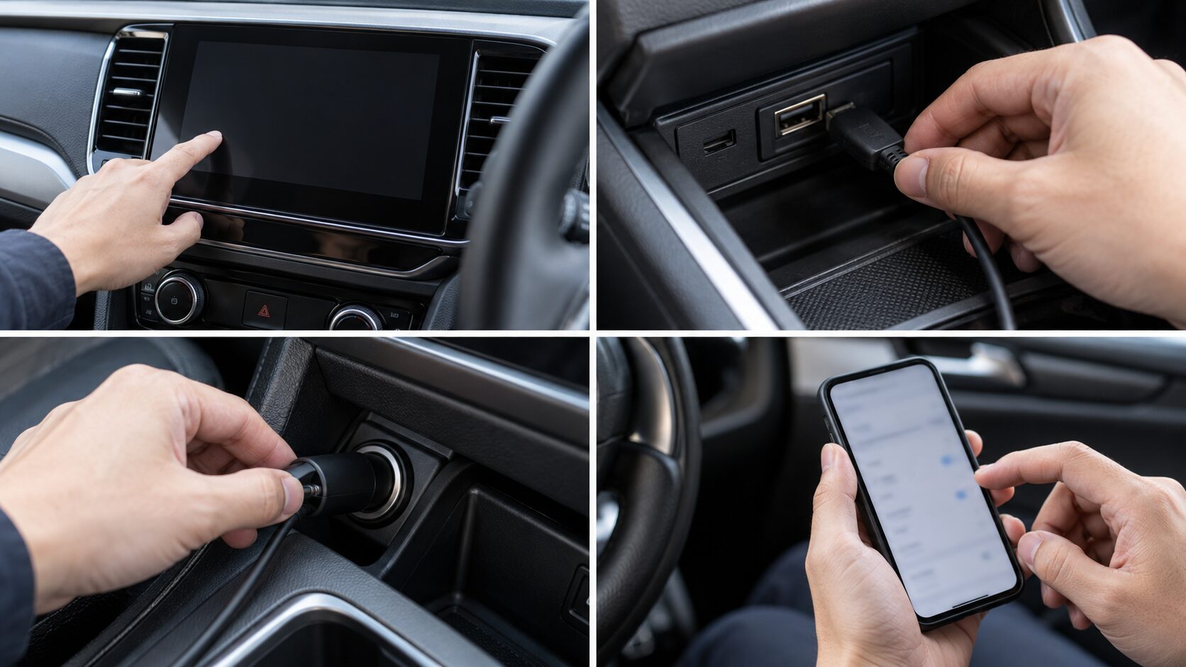 車載画面が映らないときに、接続端子、電源ソケット、スマホの通信設定を確認する4つの場面