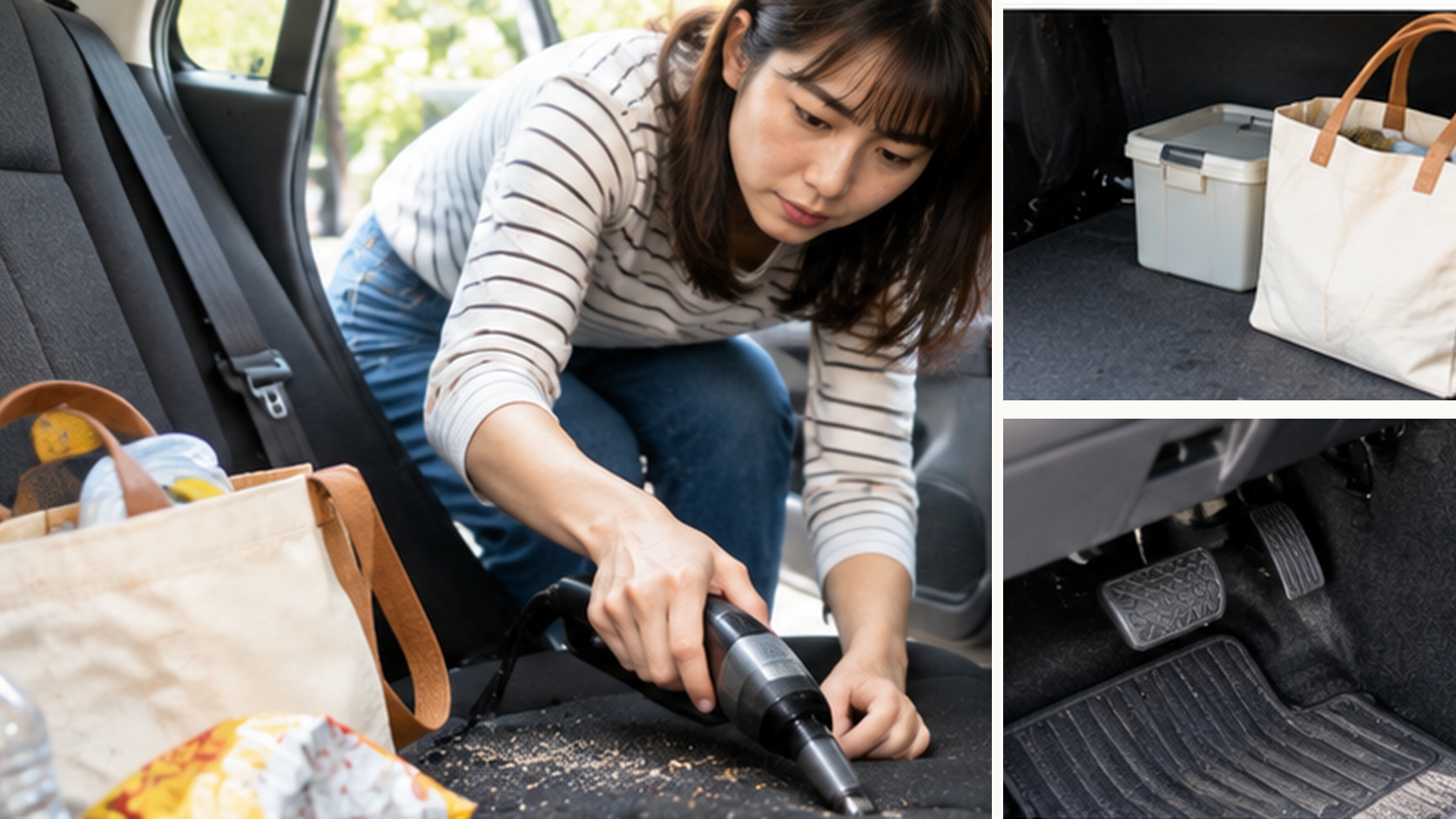 車の食べこぼしを掃除機で取り除き、荷室の荷物や足元の状態を確認する様子