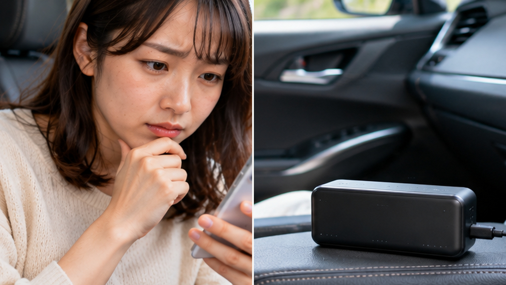 車内でスマホの接続状態と給電中のルーターを確認し、通信不調の原因を調べる場面