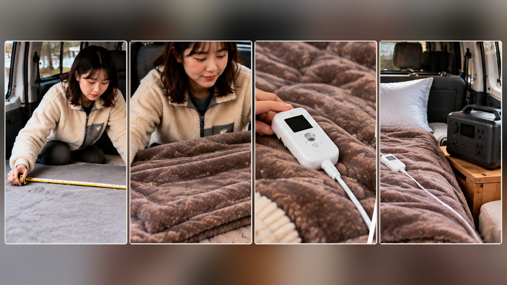 車内の寝床を測り、電気毛布を広げ、コントローラーとポータブル電源の配置を確認する手順