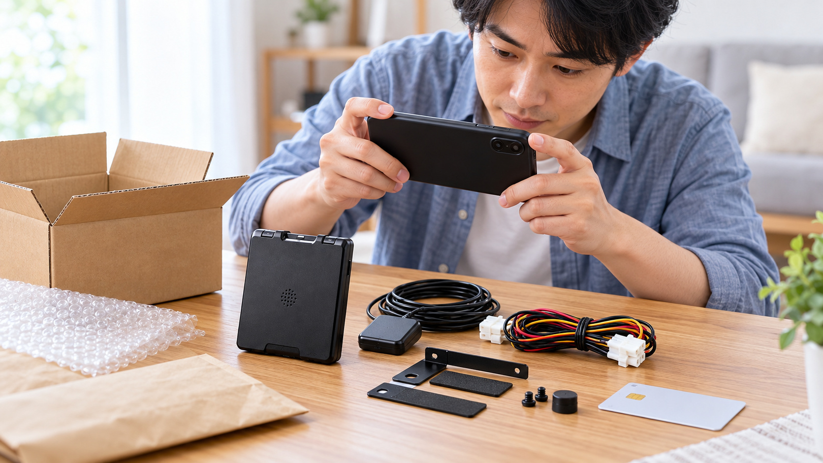 中古ETC車載器を出品する前に、本体やアンテナ、電源コードなどの付属品を並べて撮影する様子