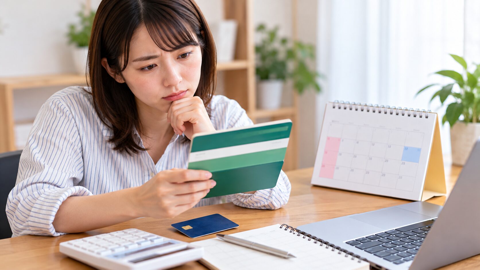ETC料金の引き落とし日に備え、通帳とカレンダーを見ながら口座残高を確認する様子