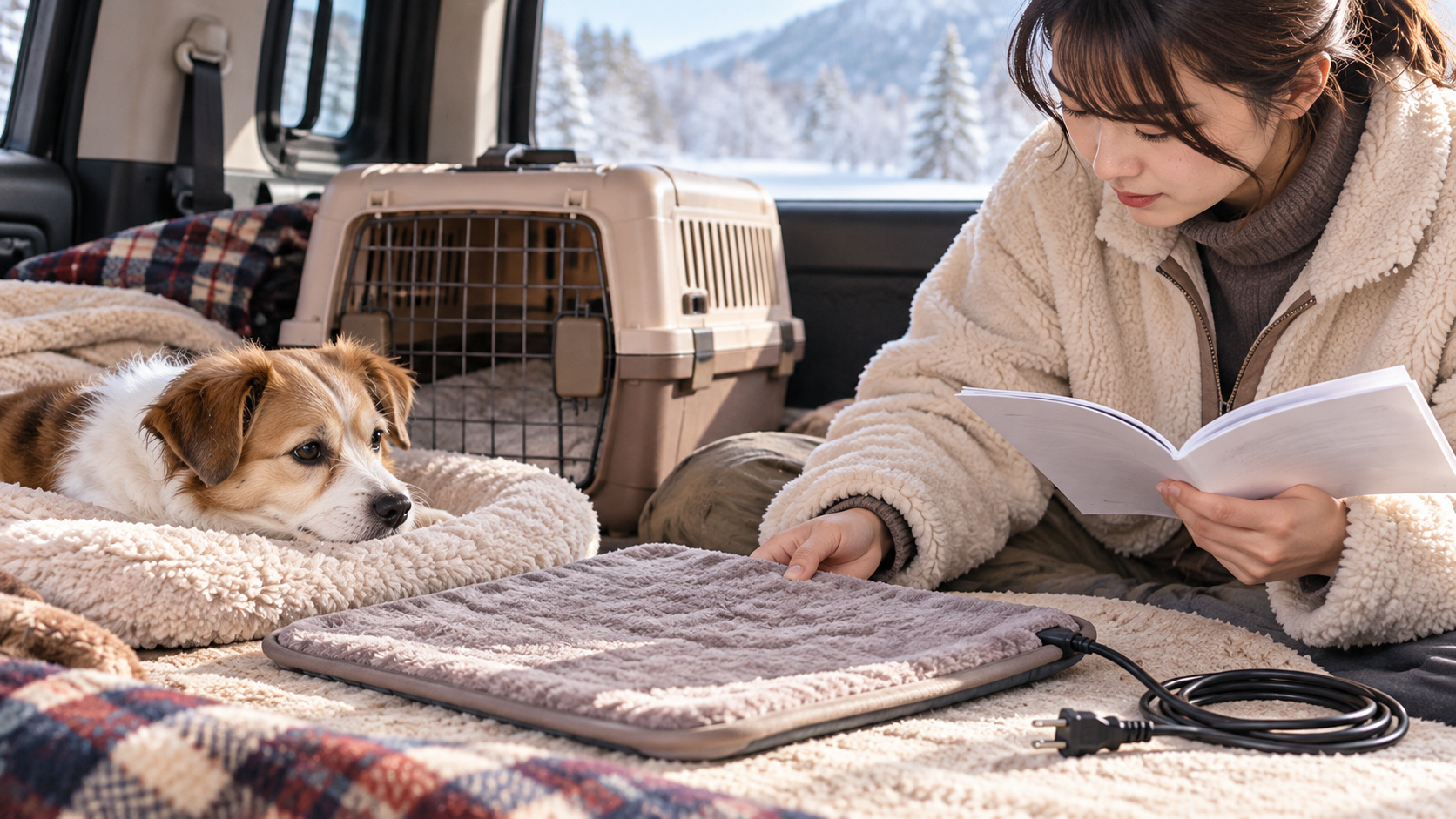 冬の車中泊で犬を寝具に休ませ、電源をつながずに暖房マットと取扱説明書を確認する様子