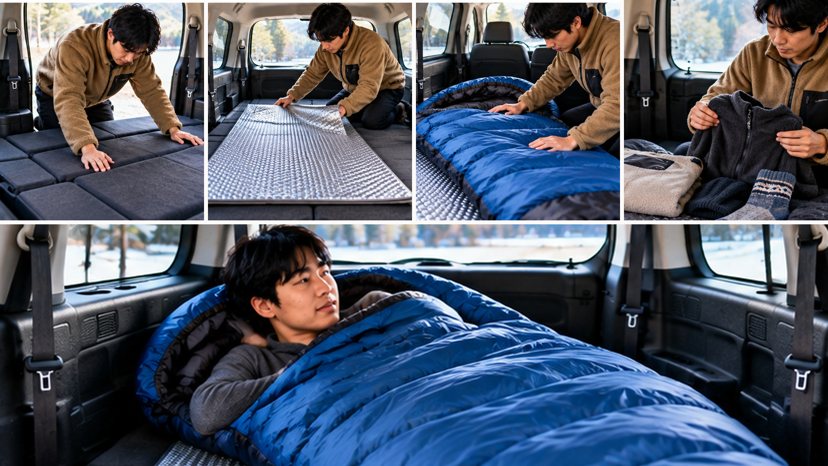 車内の寝床を平らに整え、断熱マットと寝袋を順に敷き、乾いた防寒着を準備して休む手順