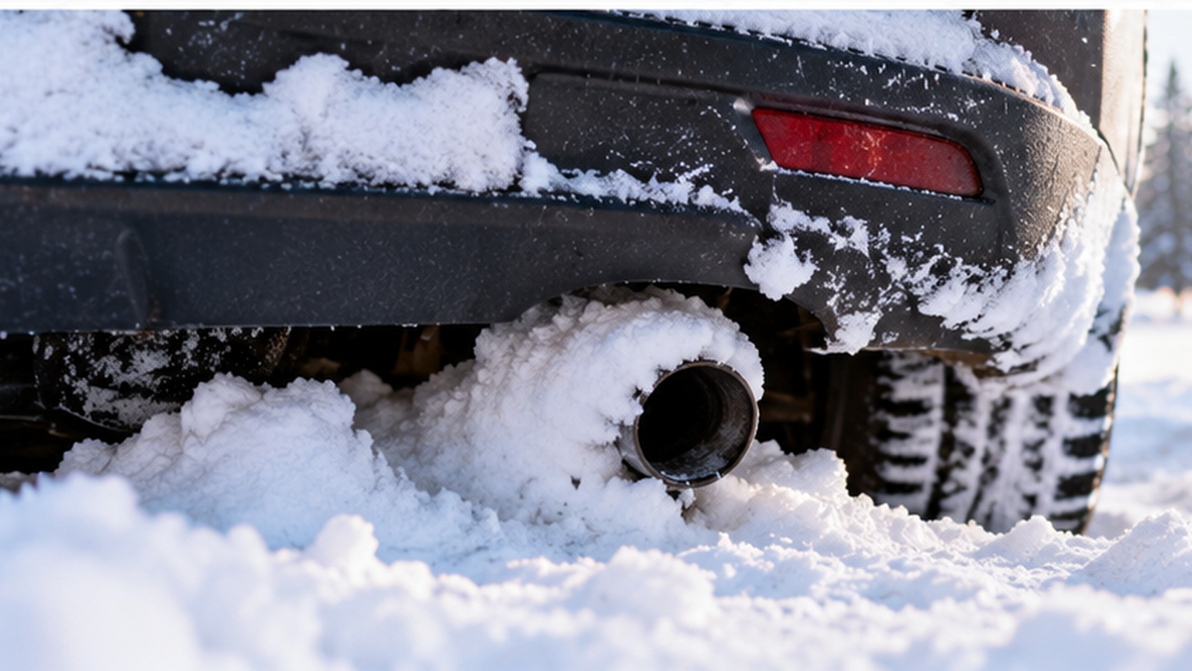 積雪した車の後部で排気口の周囲に雪がたまり、排気ガスの流れに注意が必要な状態