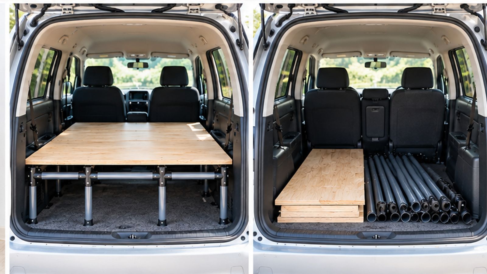 車内にベッドフレームと天板を設置した状態と、取り外した板やパイプを荷室にまとめた状態の比較