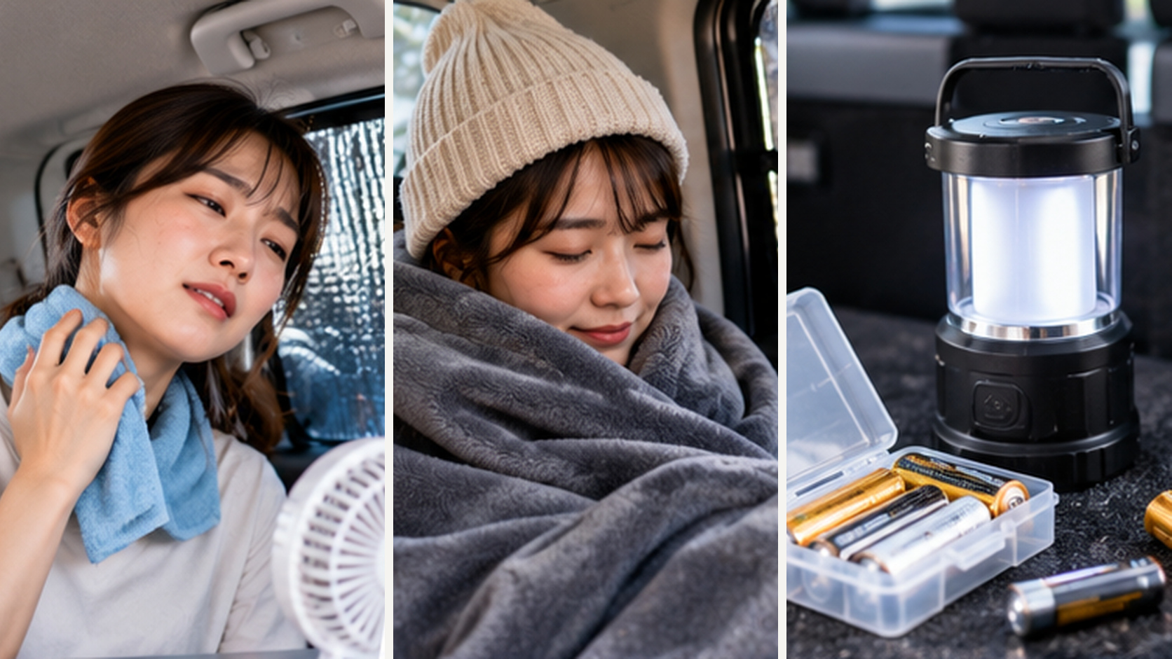 暑い車内で汗を拭く場面、寒い車内で毛布を使う場面、ランタンと乾電池を確認する場面の比較