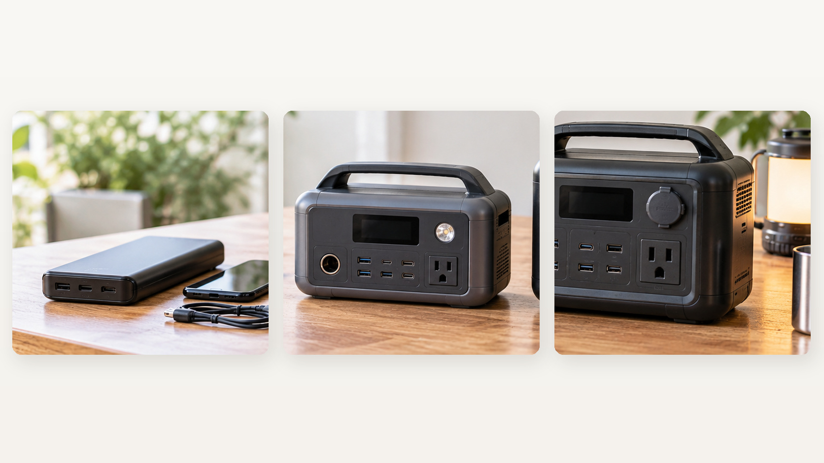 USB用モバイルバッテリーとACコンセント付きの小型ポータブル電源を並べ、接続端子や大きさの違いを示した比較