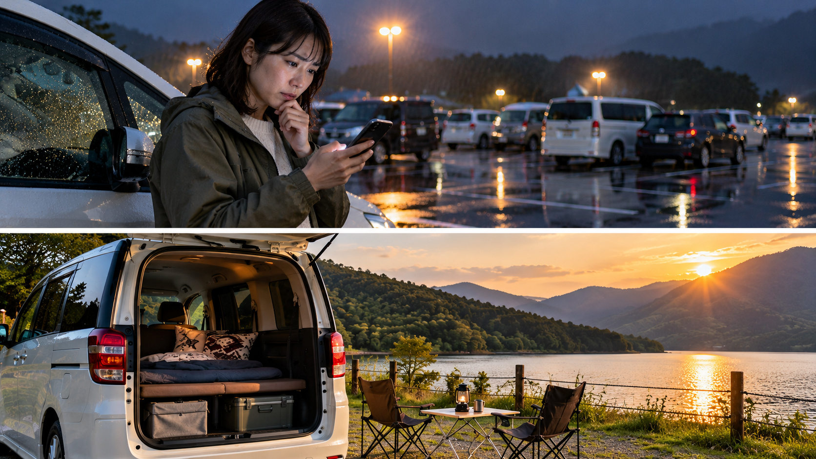 雨の夜に駐車場で行き先を探す旅行者と、天候の落ち着いた車中泊場所を対比