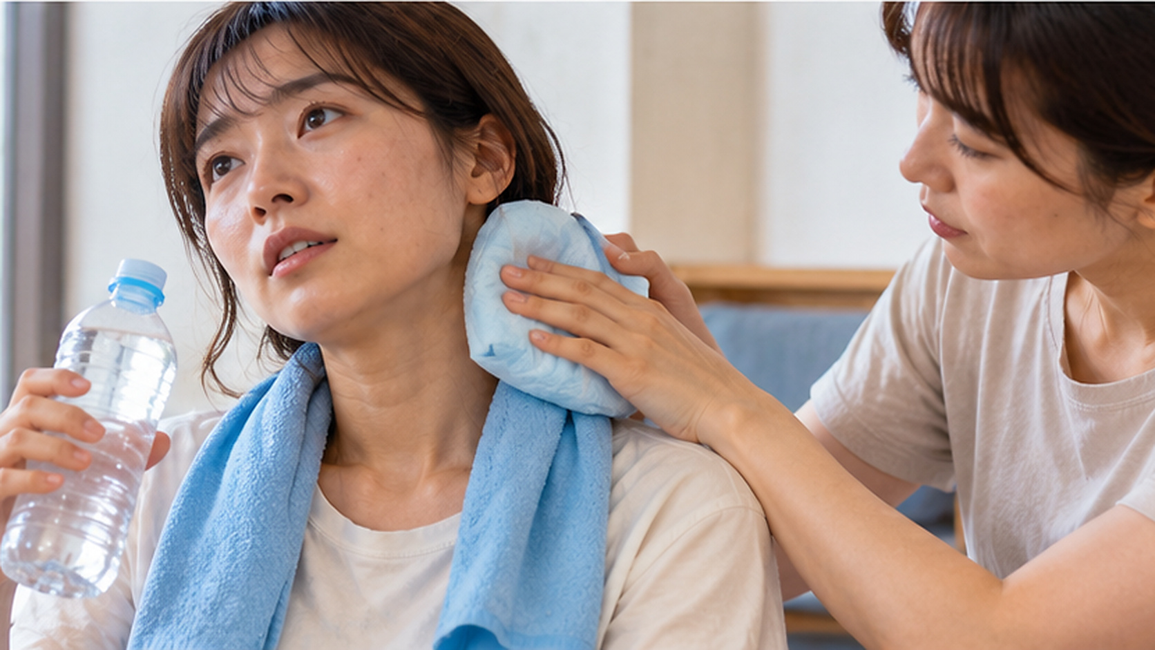 暑さで体調を崩した女性が、涼しい室内で飲料を手に持ち、付き添いに首の周りを冷やしてもらう様子