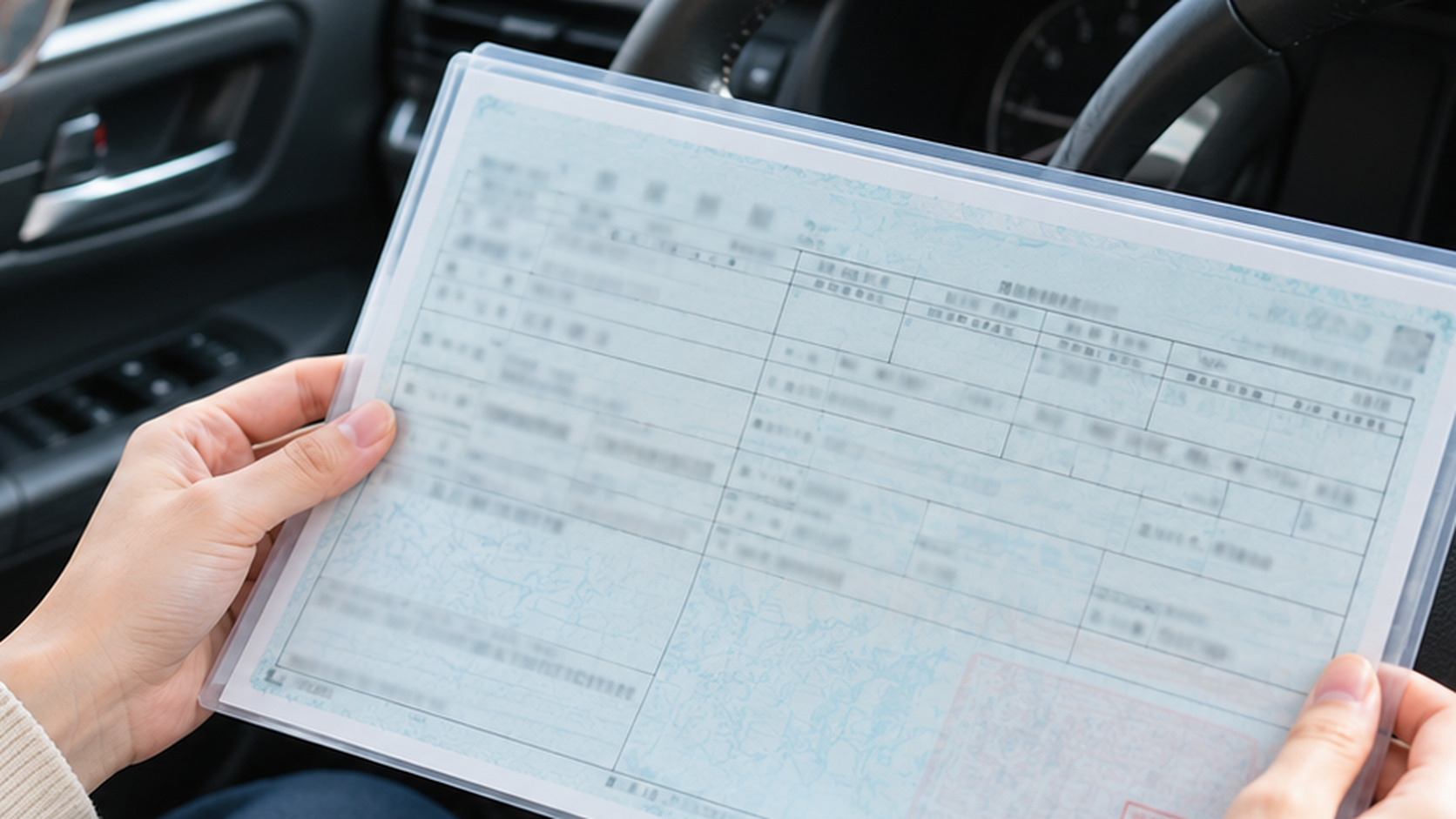 停車中の車内で車検証を手に取り、車の登録情報を確認している様子
