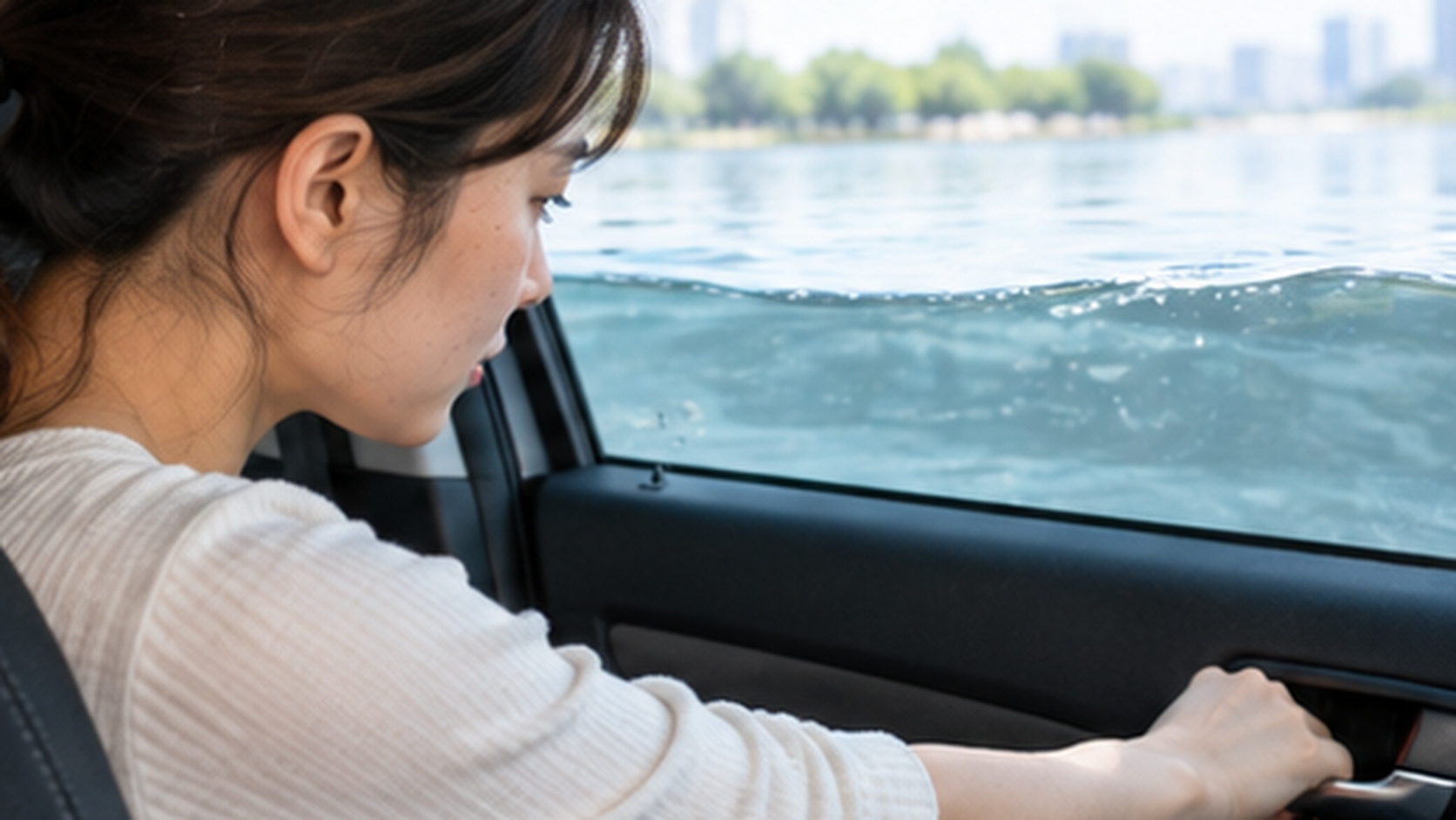 車の外側に水が迫る中で、乗員がドアの取っ手に手を伸ばして開けられるか確かめる様子