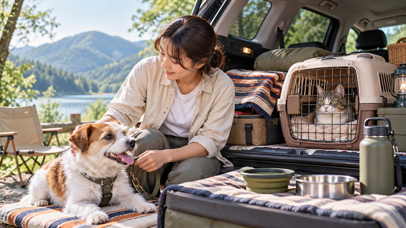 車中泊の準備を整えた車のそばで飼い主が犬と過ごし、猫がキャリーの中で休む様子