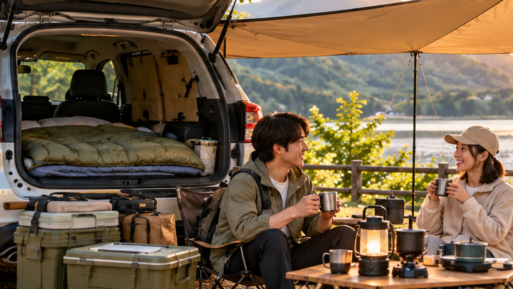 車内に寝床を整えた車のそばで、タープ下の椅子に座り屋外の時間を楽しむ車中泊キャンプの風景