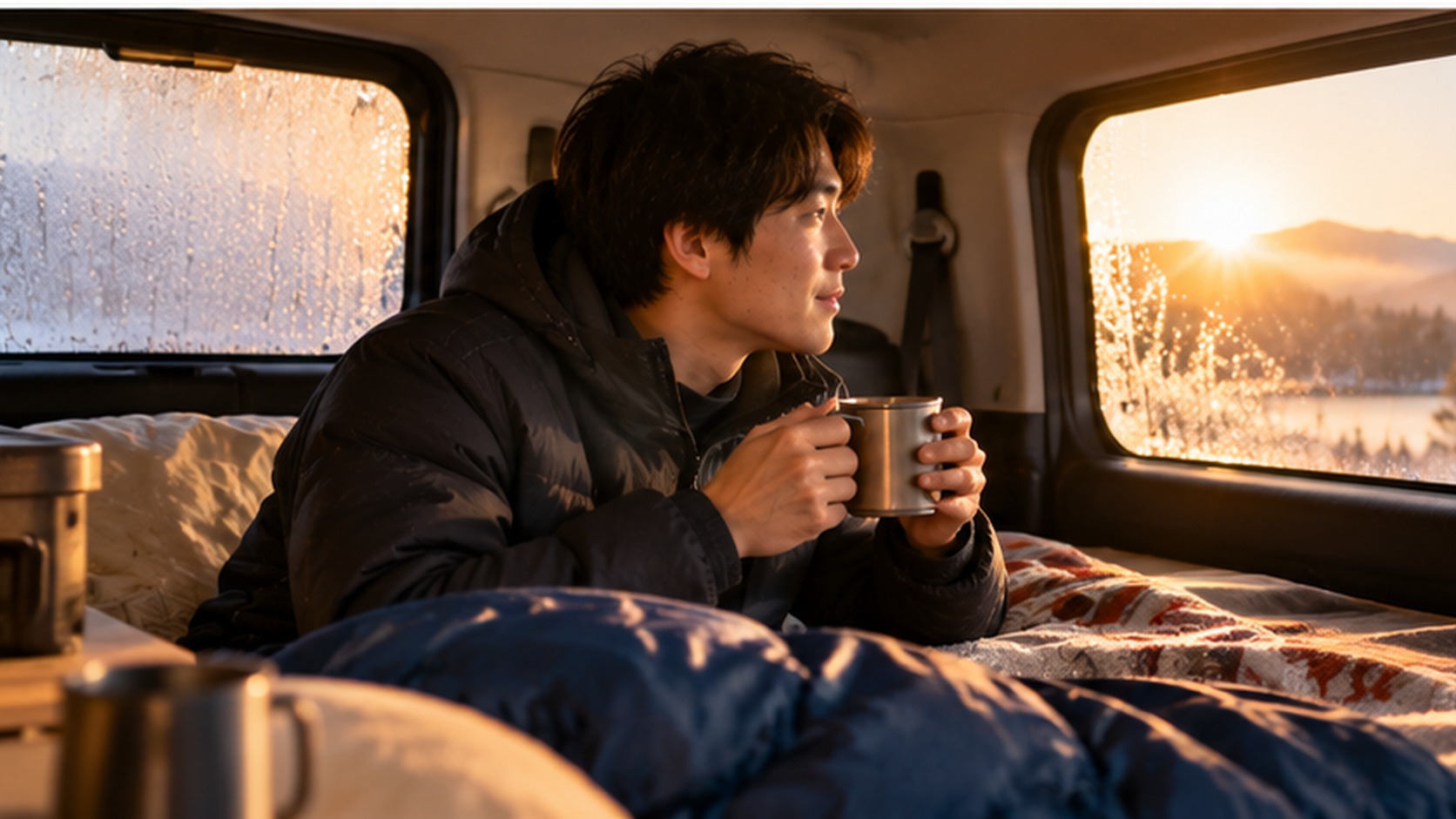 冬の車中泊で窓に結露が付いた車内と、寝具のそばで朝を迎える旅行者の様子