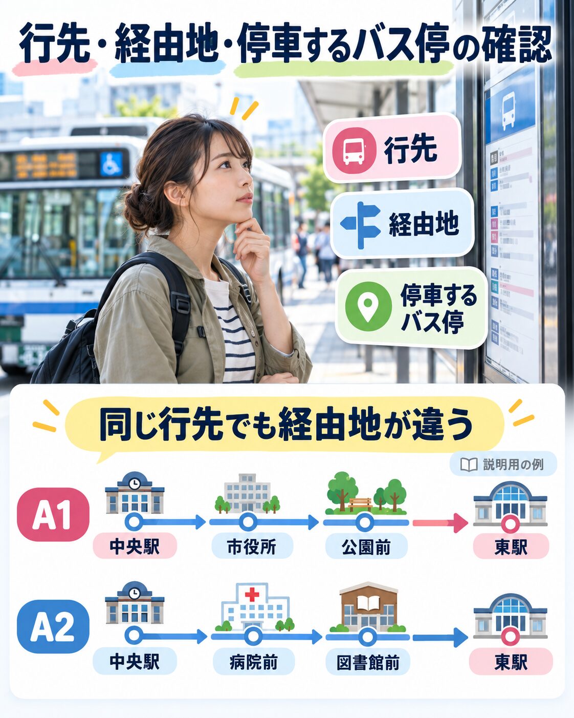 行先・経由地・停車するバス停の確認