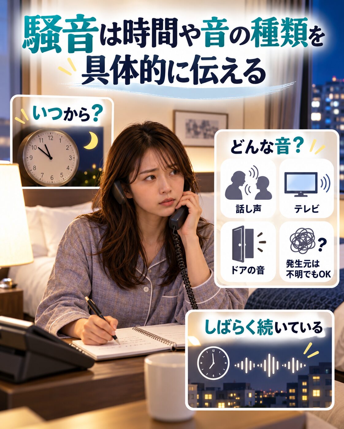 騒音は時間や音の種類を具体的に伝える