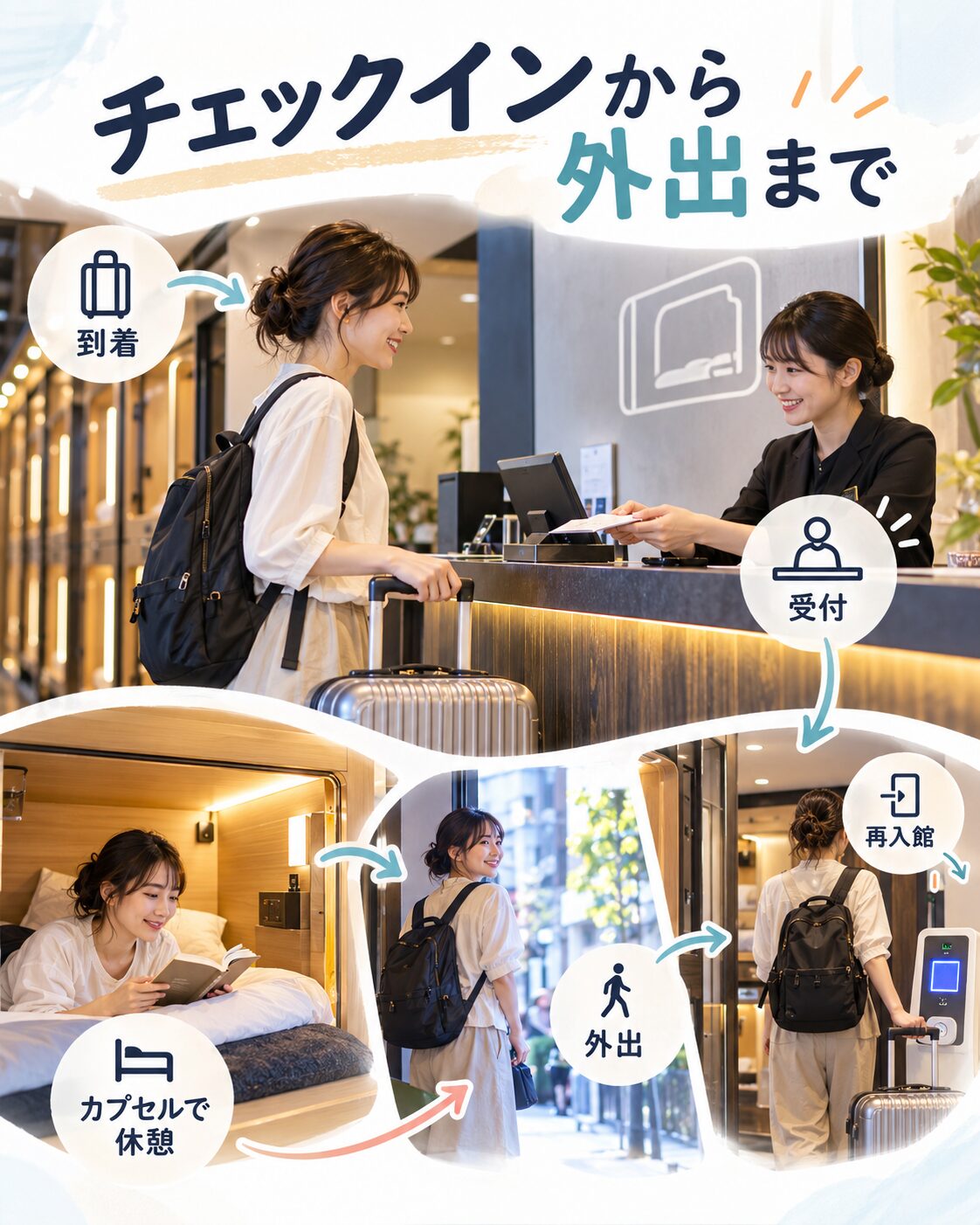カプセルホテルのチェックインと外出