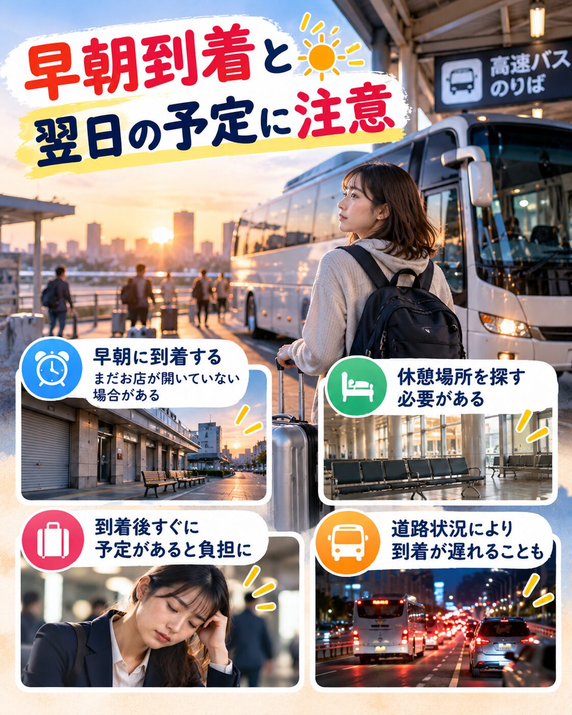 早朝到着と翌日の予定に注意