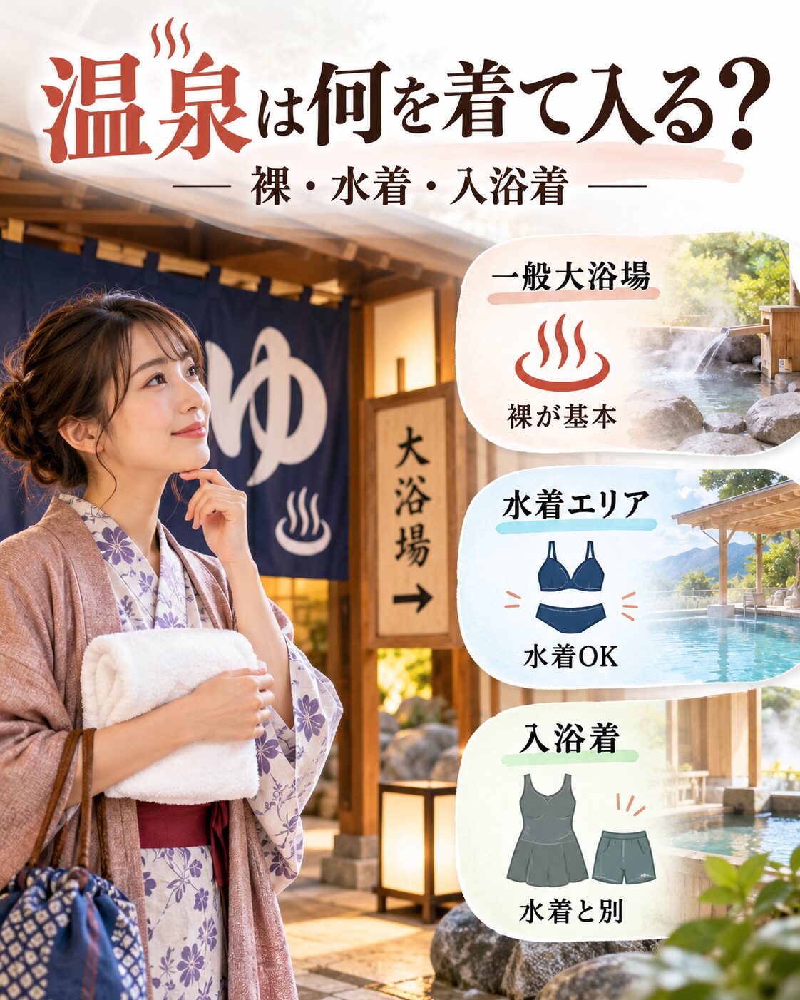 温泉は裸で入る？水着・入浴着の基本