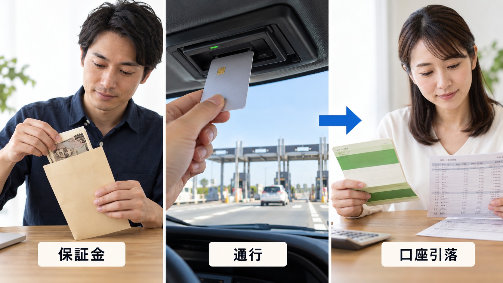 ETCパーソナルカードの保証金を預ける場面、ETCでの通行、料金の口座引き落としを並べた図