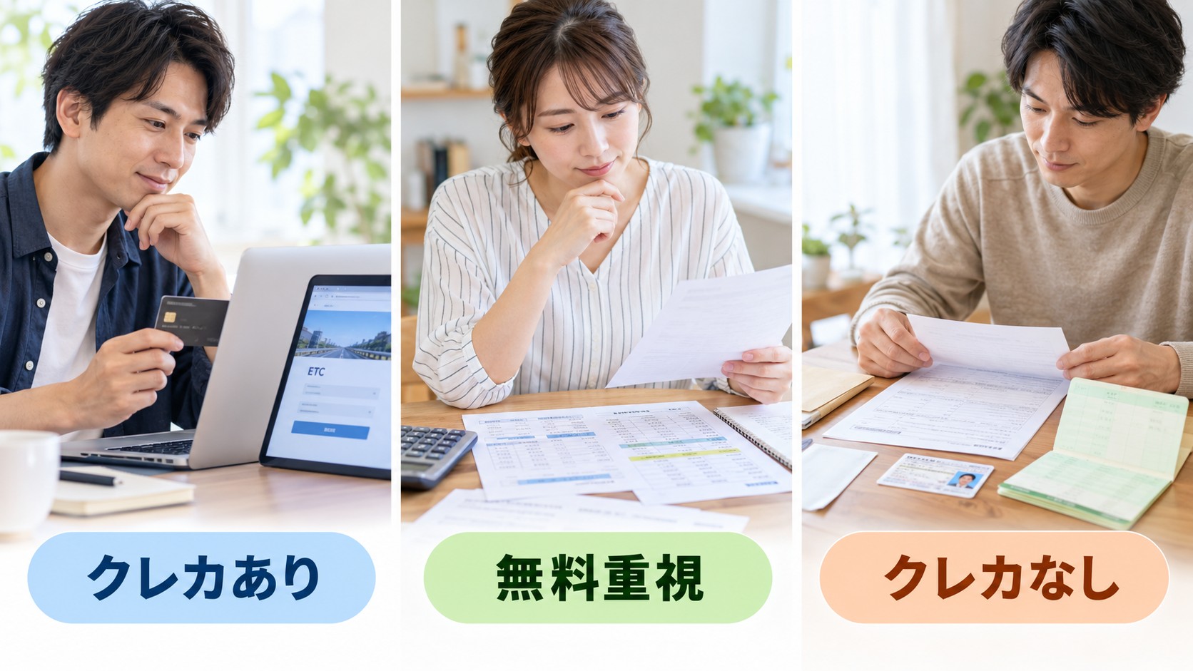 クレジットカードあり、年会費無料重視、クレジットカードなしの3つの条件からETCカードを選ぶ比較図