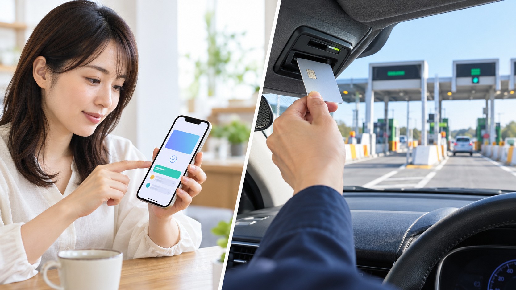 スマートフォンの決済画面と、車載器に差し込むETCカードを左右に並べて使い方の違いを比較