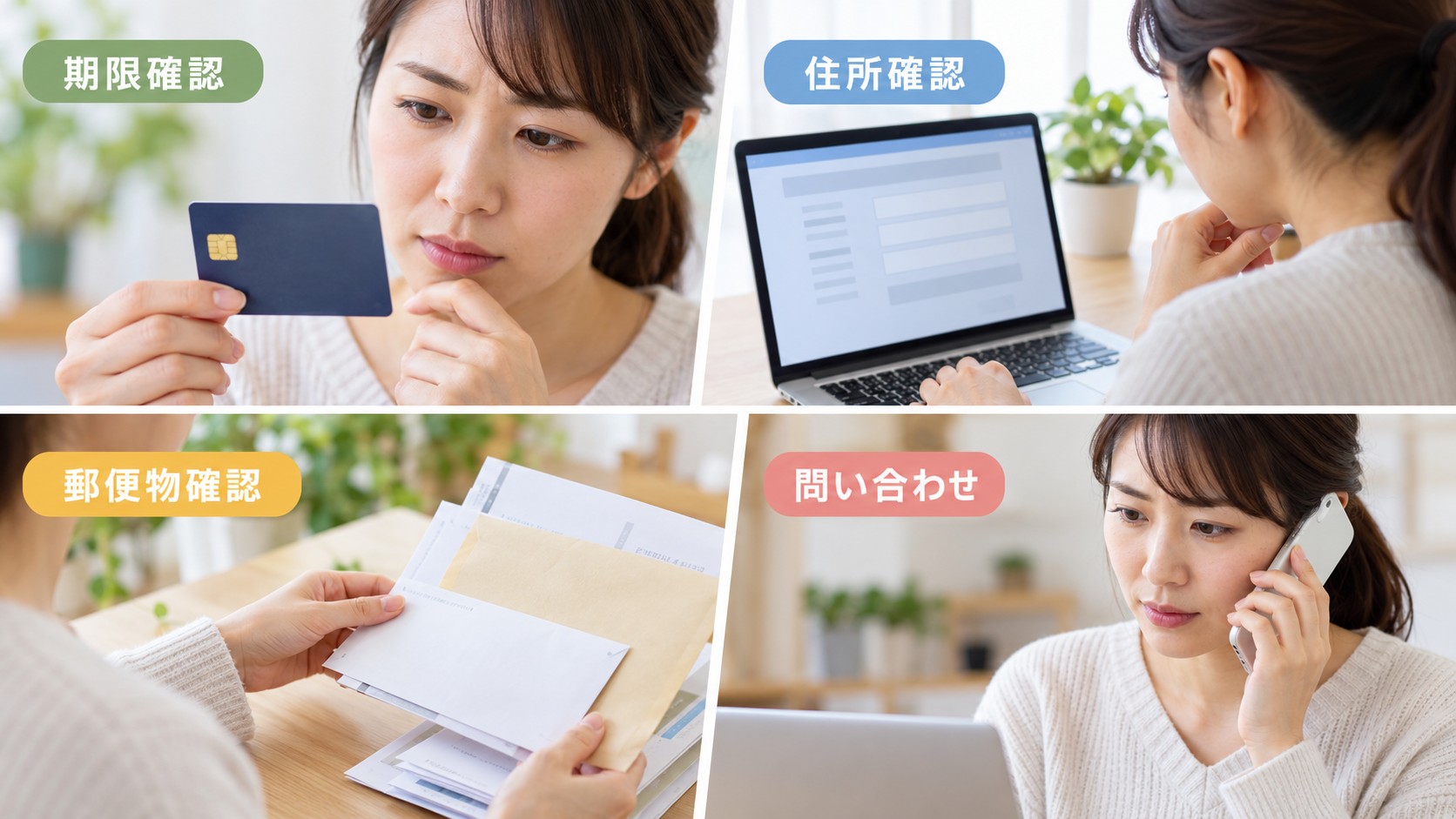 ETC更新カードが届かない場合に、有効期限、登録住所、郵便物を確認し、発行元へ問い合わせる流れを4場面で示す図解