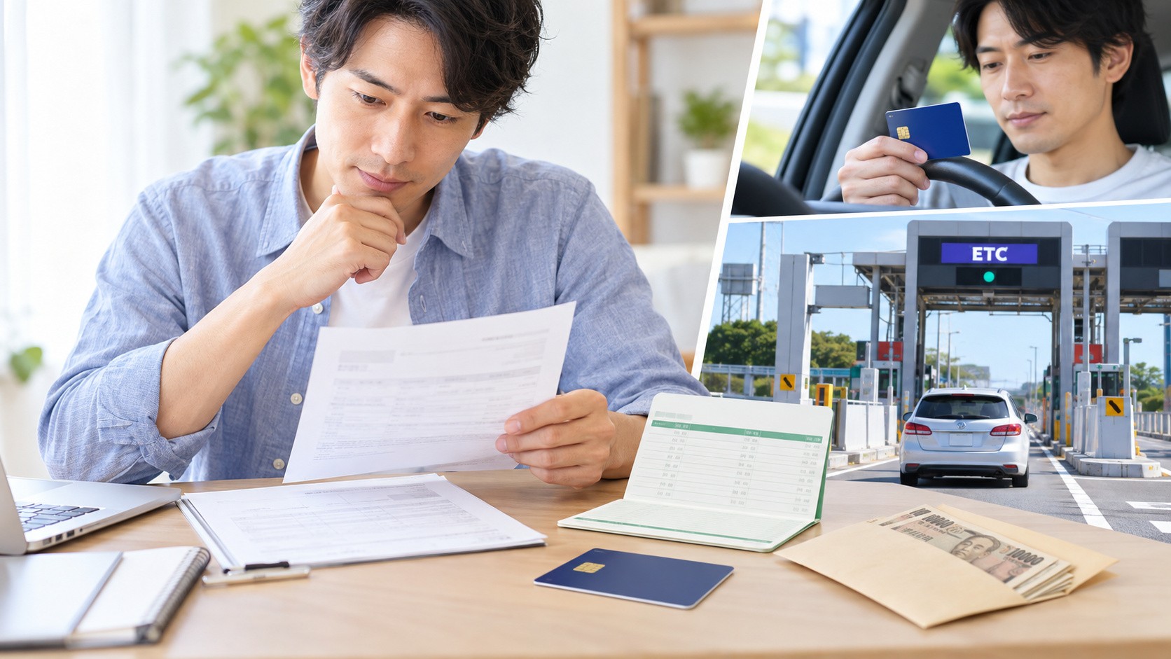 クレジットカードなしでETCパーソナルカードを作る際の準備として、申込書類や通帳、保証金を確認する様子