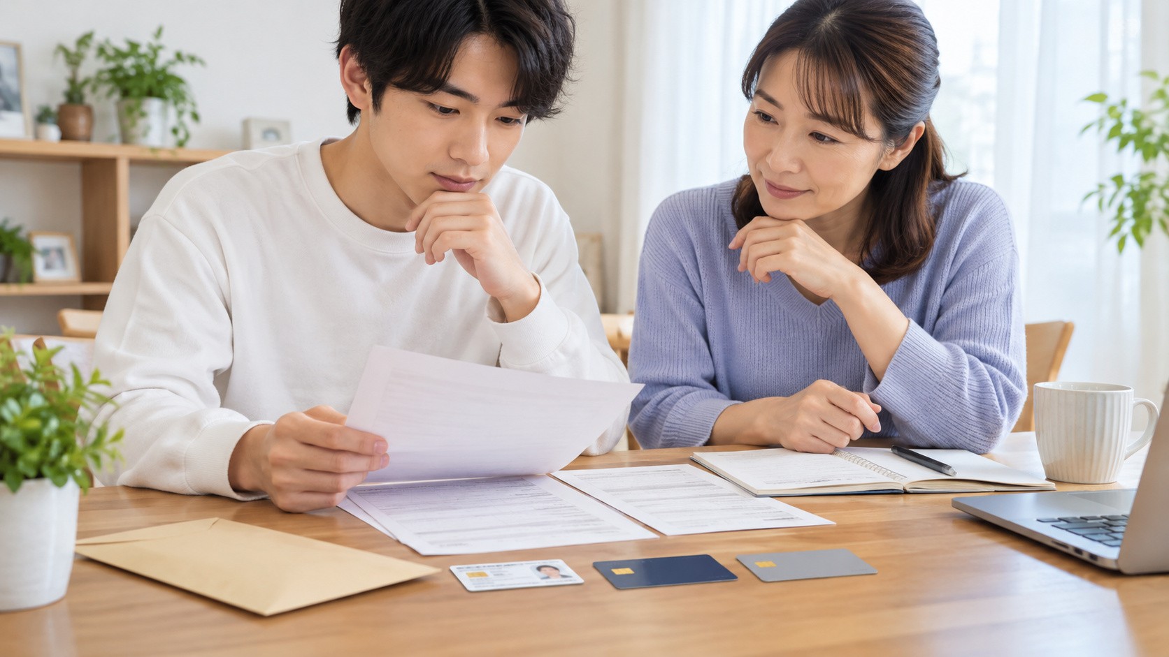 学生などがETCカードを申し込む際の書類や本人確認書類を、若い男性と女性が一緒に確認する様子