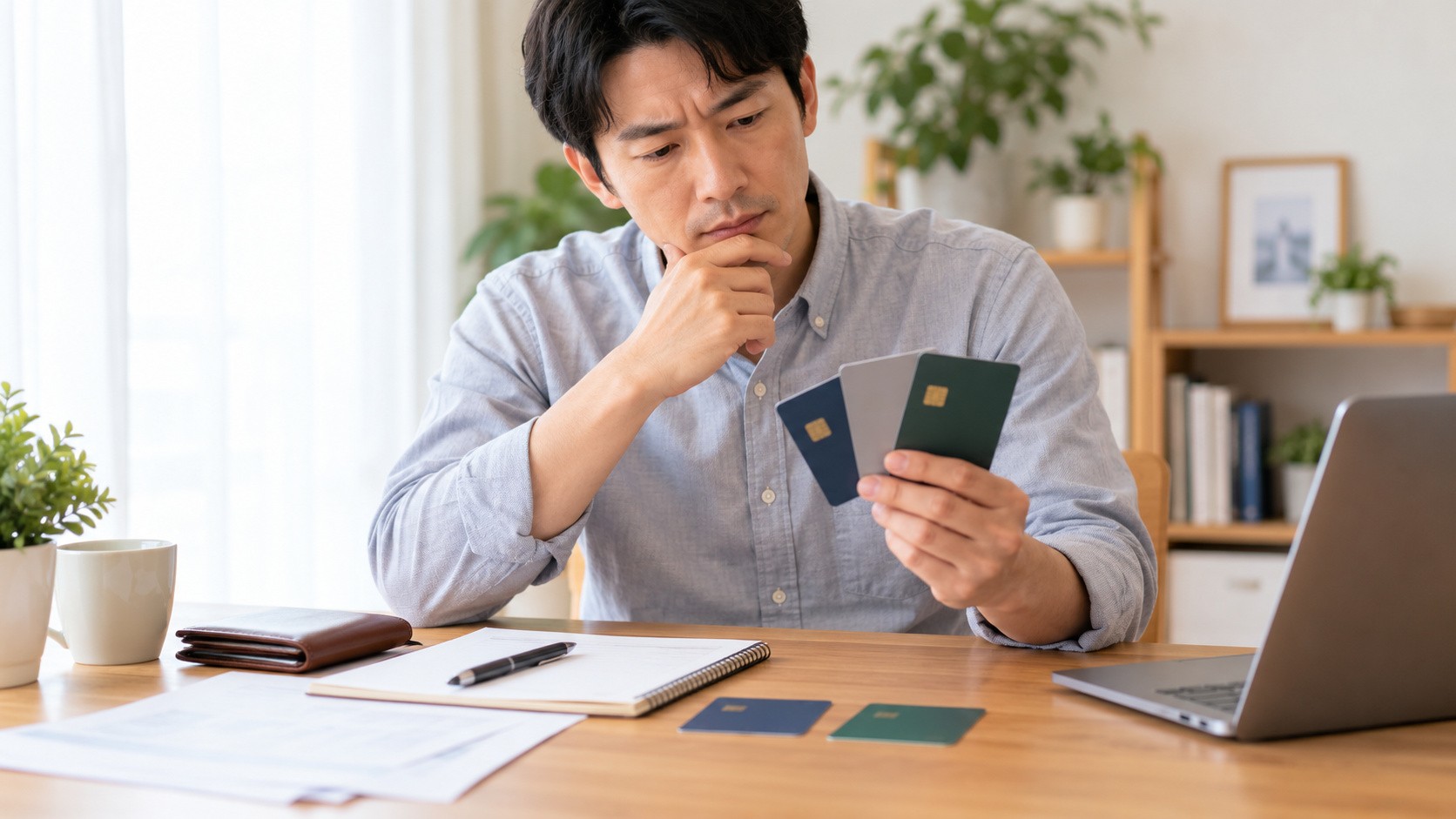 ETCカードの2枚目や複数枚の発行を検討し、自宅の机で複数のカードを見比べる男性
