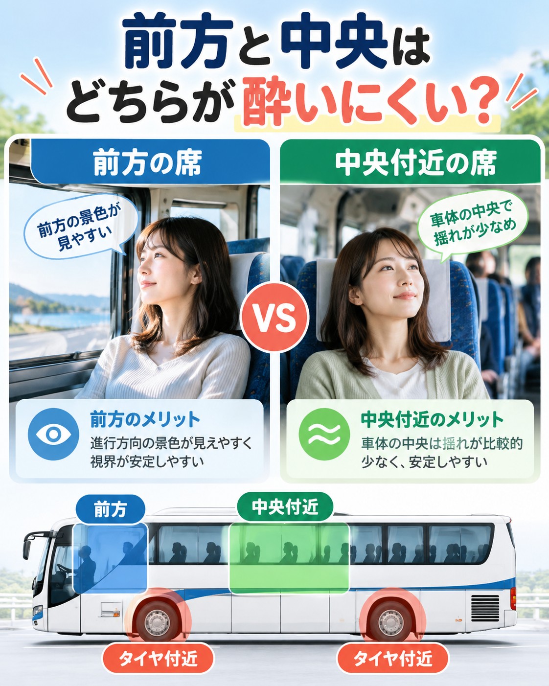 前方と中央はどちらが酔いにくい?