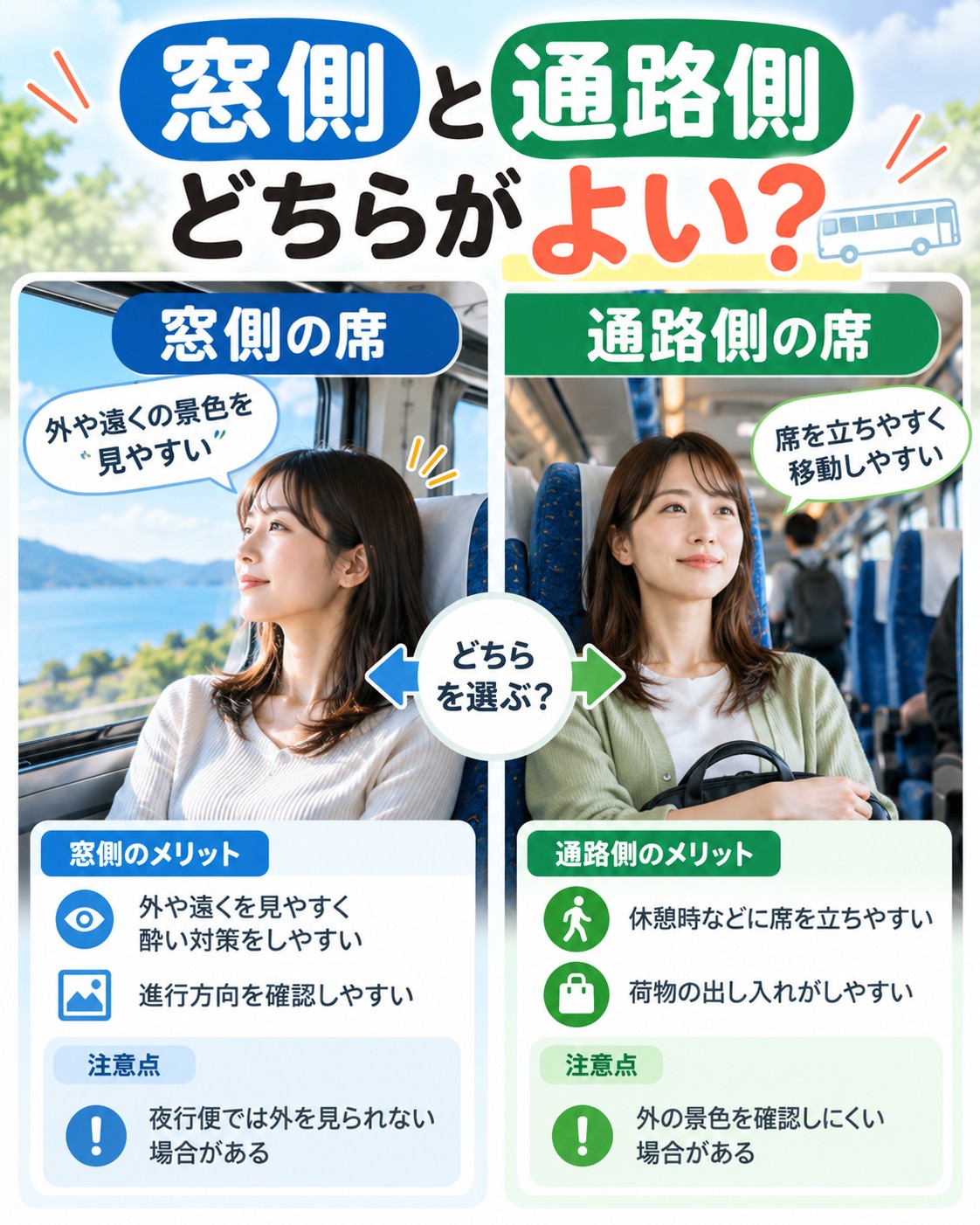 窓側と通路側はどちらがよい?