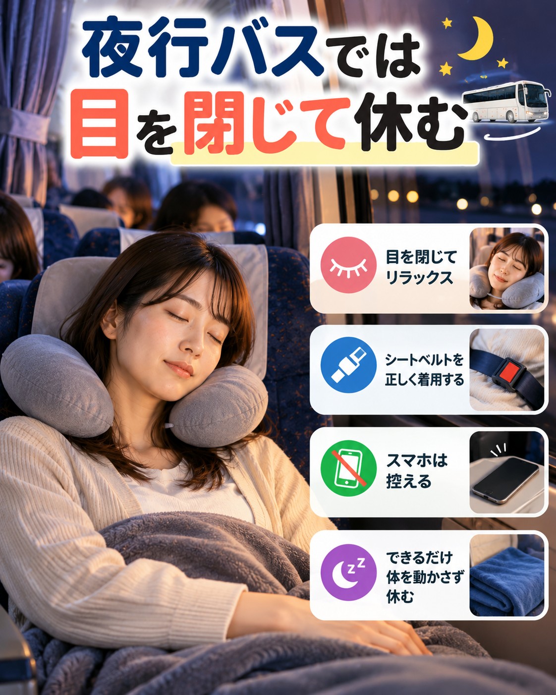 夜行バスでは目を閉じて休む