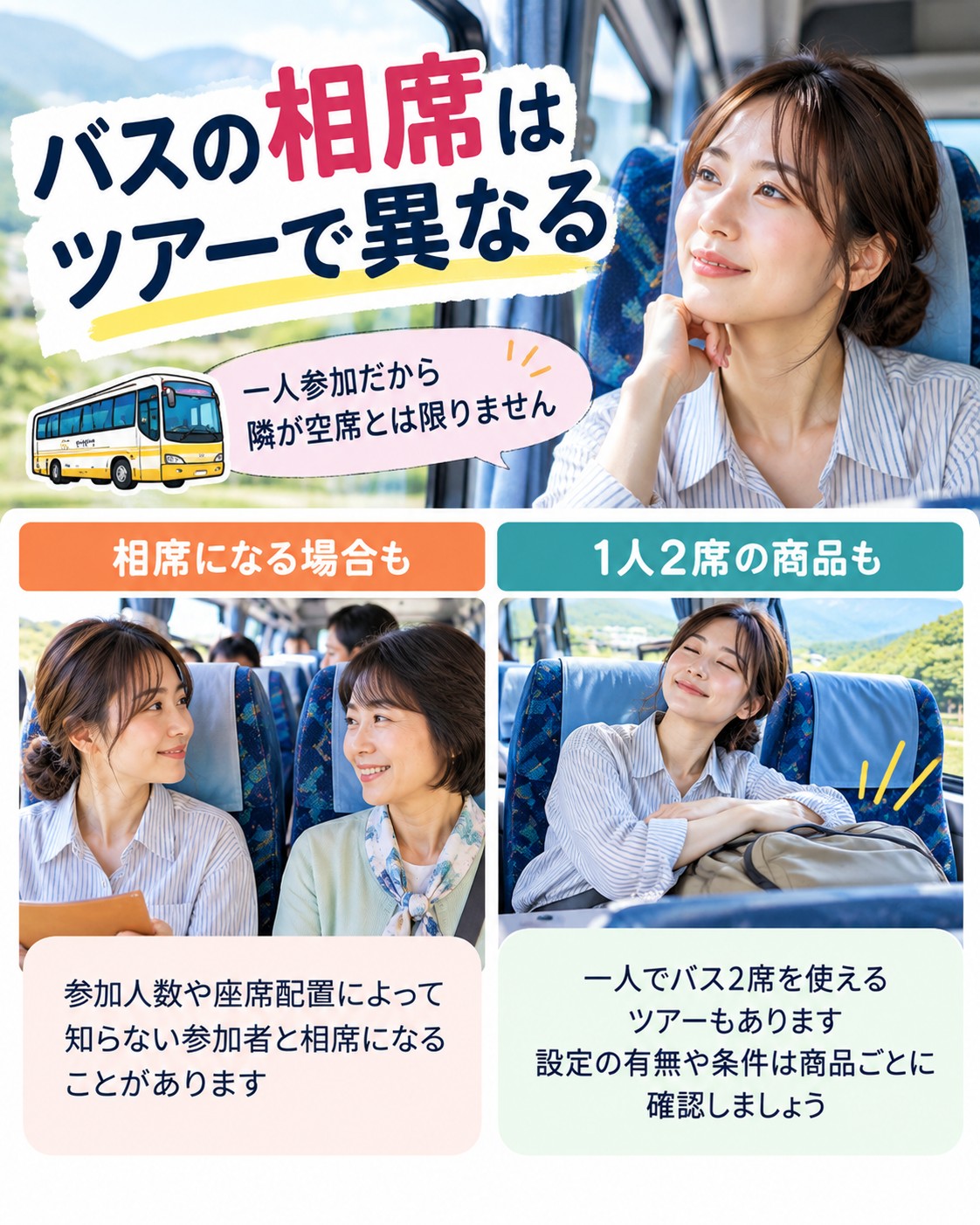 バスの相席はツアーで異なる
