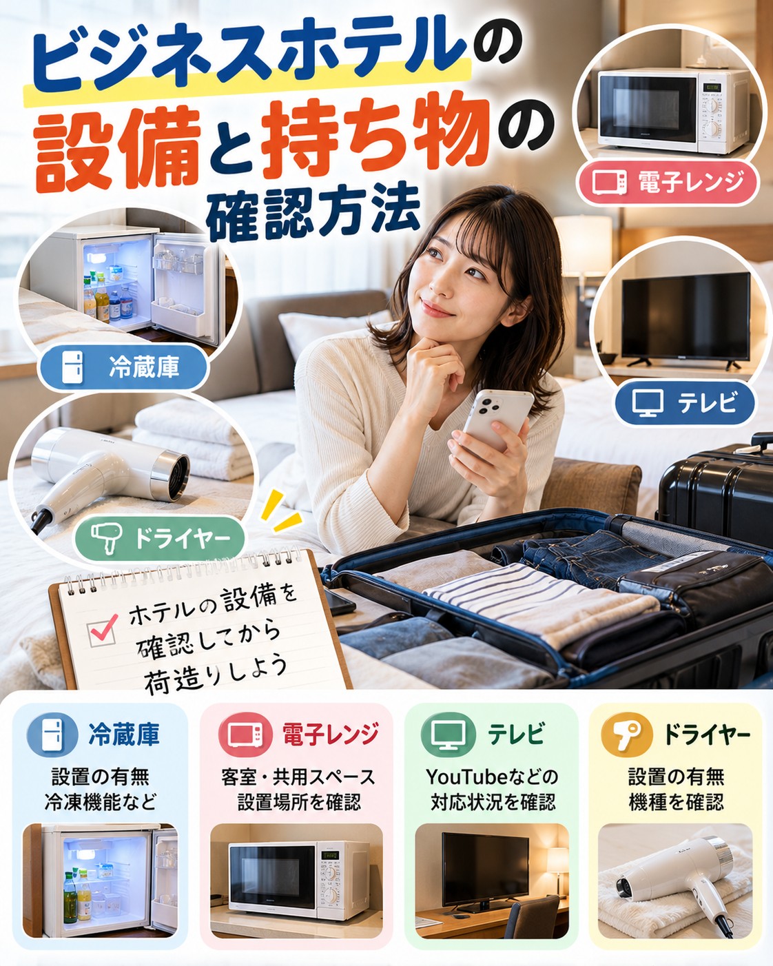 ビジネスホテルの設備と持ち物の確認方法