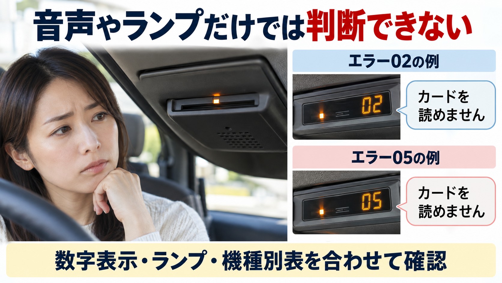 「カードを読めません」の音声やランプだけでは番号を判断できない