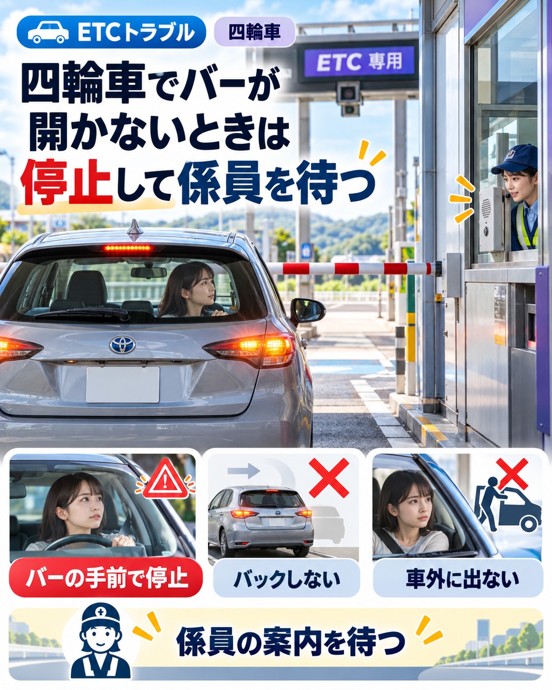 四輪車でバーが開かないときは停止して係員を待つ