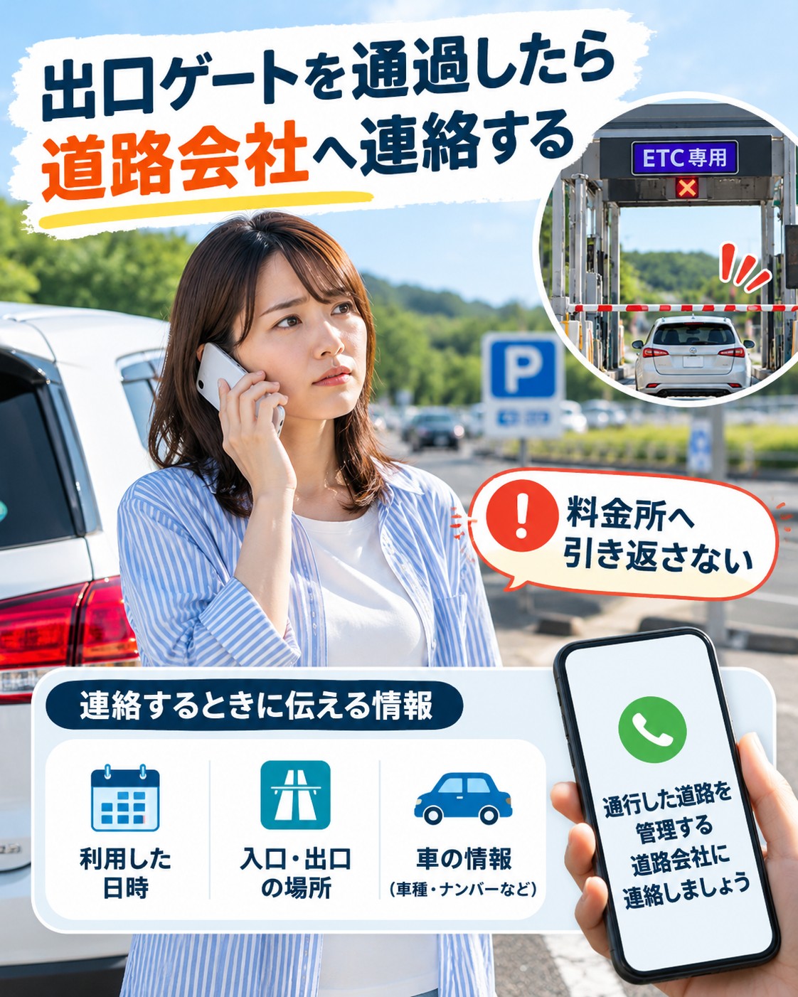 出口ゲートを通過したら道路会社へ連絡する