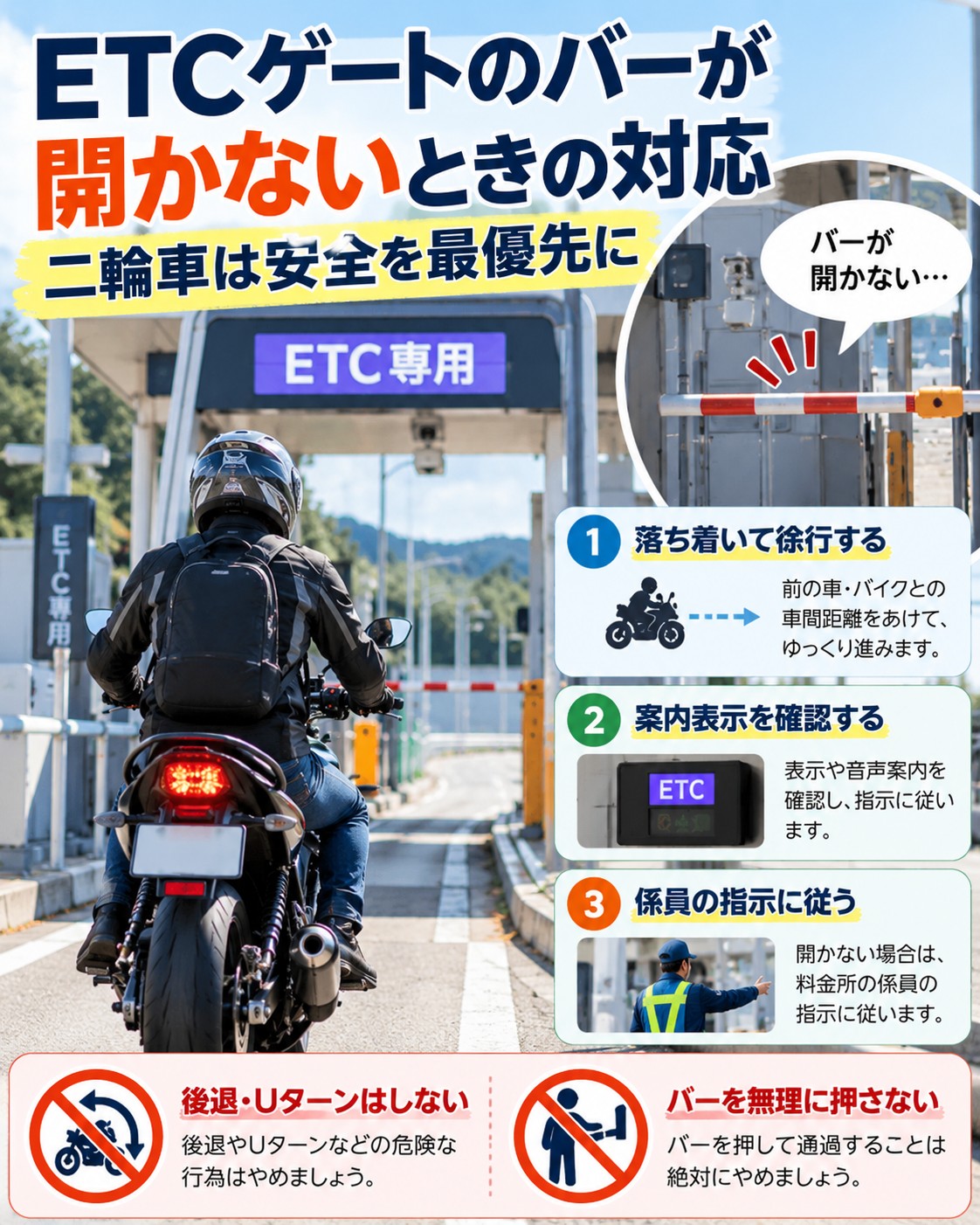 ETCゲートのバーが開かないときの二輪車の対応